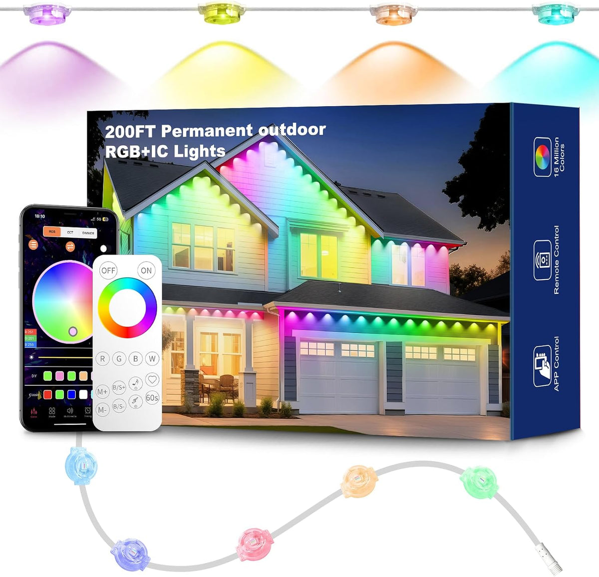 Outdoor String Lights 18 LED Bulbs, 64(52+12) ft RGB+IC+Warm White