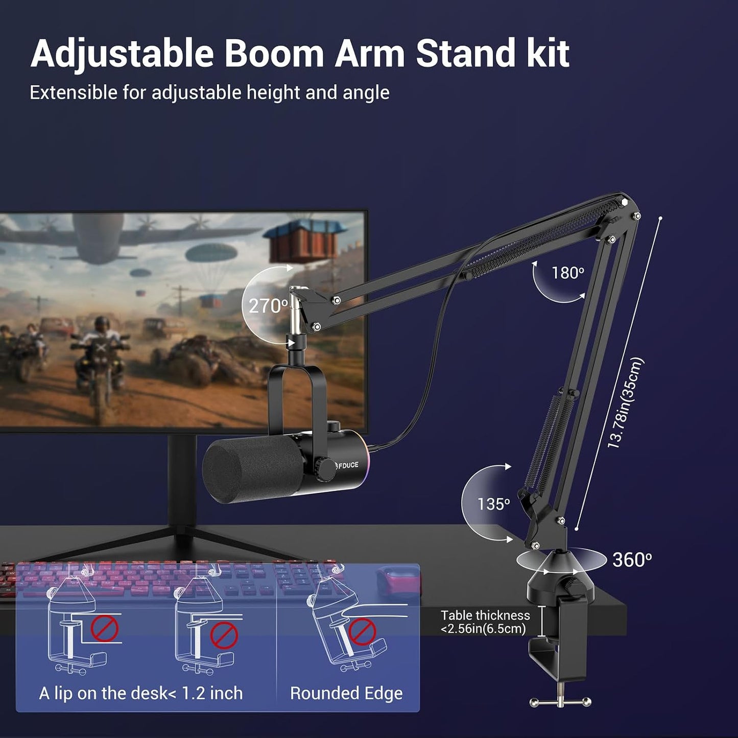FDUCE USB/XLR Gaming Microphone kit, Dynamic PC Mic for Podcasting Streaming, Computer RGB Mic Kit with Boom Arm Stand, Mute Button and Headphone Jack, for Recording, Vocal Voice-Over (D30+)