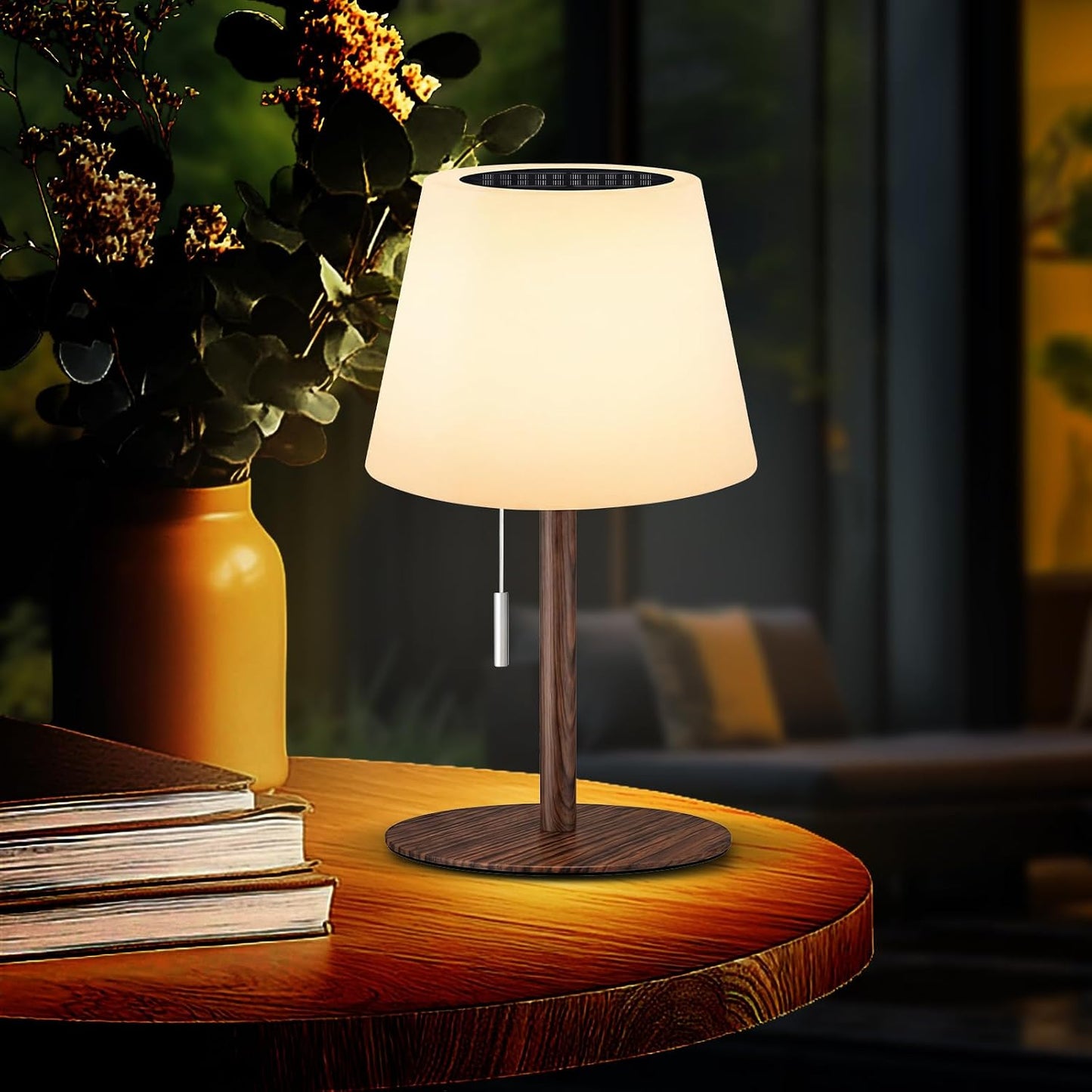 Gewiny Solar Table Lamp for Outside Patio Solar Lamp Outdoor Lamp Waterproof with Light Sensor,Dimmable Warm White+RGB LED Rechargeable Lamps Cordless Battery Operated Table Lamp(Wood Grain)