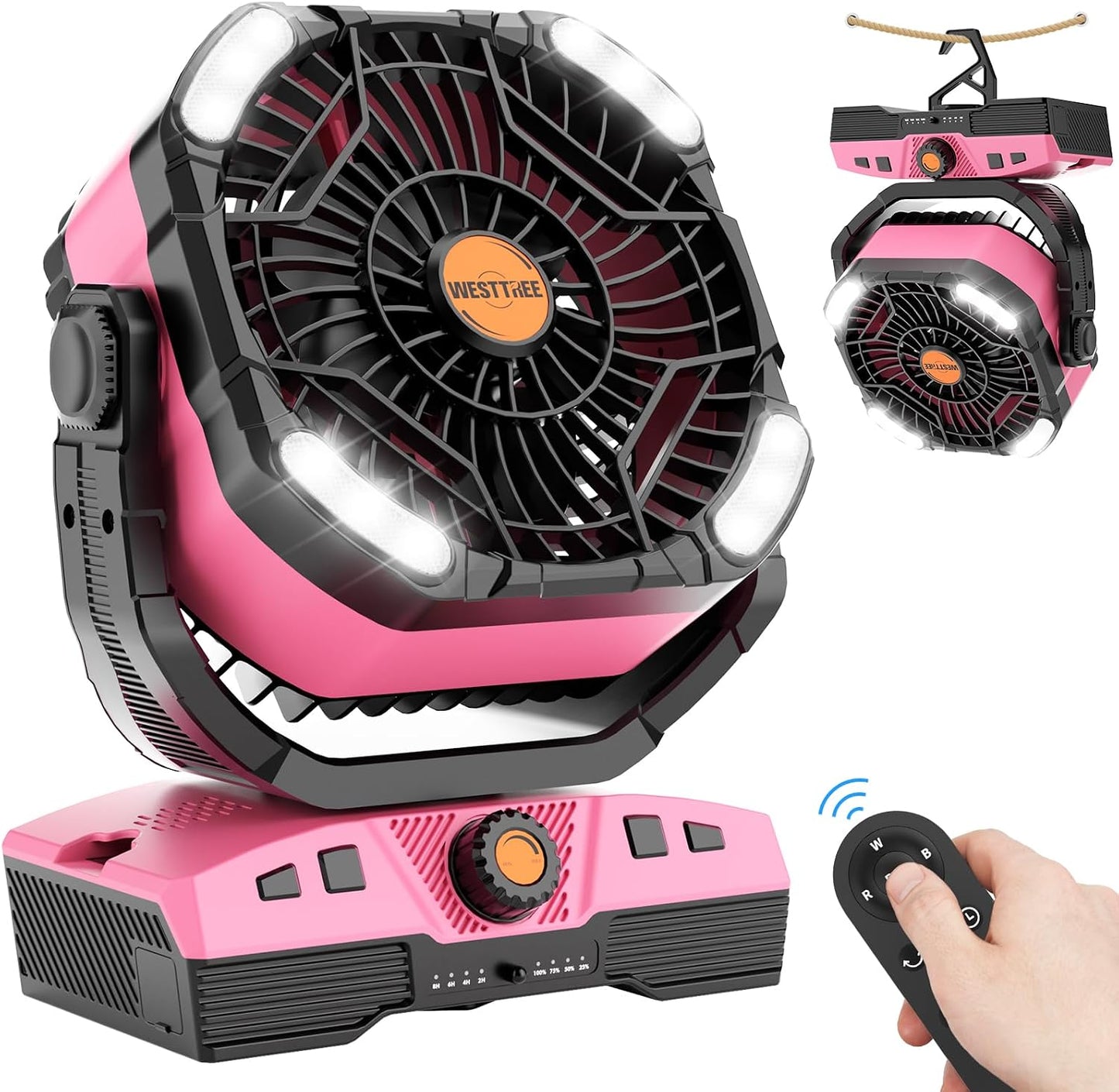 WESTTREE Camping Fan Oscillating Portable Fan 20000mAh Battery Powered Fans Rechargeable Camping Tent essentials Light Hook 270° Pivot USB Desk Outdoor Battery Operated X68 Pink