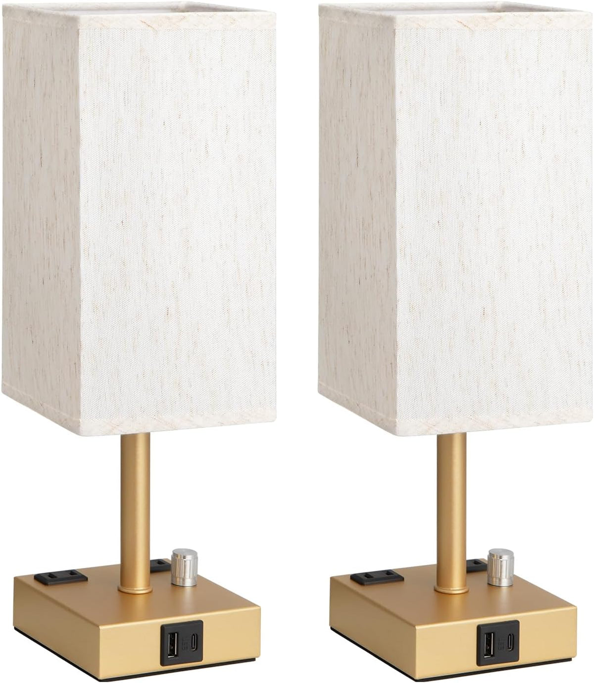 Gold Bedside Table Lamps Set of 2 - Dimmable, USB C+A, 2 AC Outlets