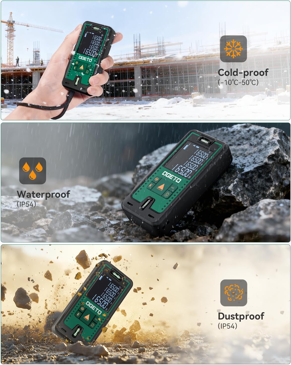 Laser Measure, Ogeto 165 Feet Digital Laser Distance Meter with 2 Bubble Levels,M/in/Ft Unit Switching Backlit LCD and Pythagorean Mode, Measure Distance, Area and Volume