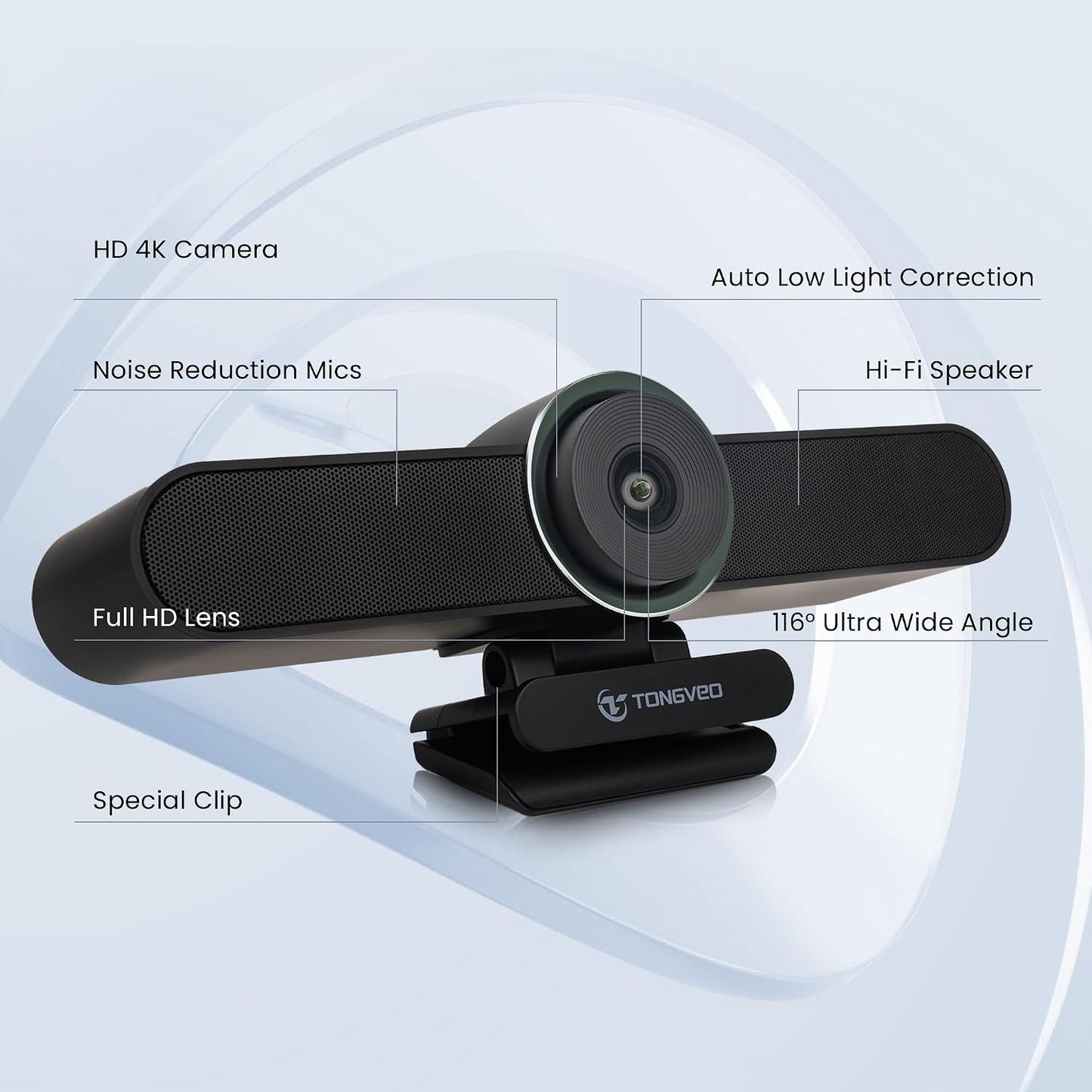 TONGVEO 4K Webcam Conference Call Room Web Camera with Dual Microphones &Speaker, | All-in-One USB Video Camera, 116° Wide Angle, AI Auto Framing | Compatible with Zoom, OBS
