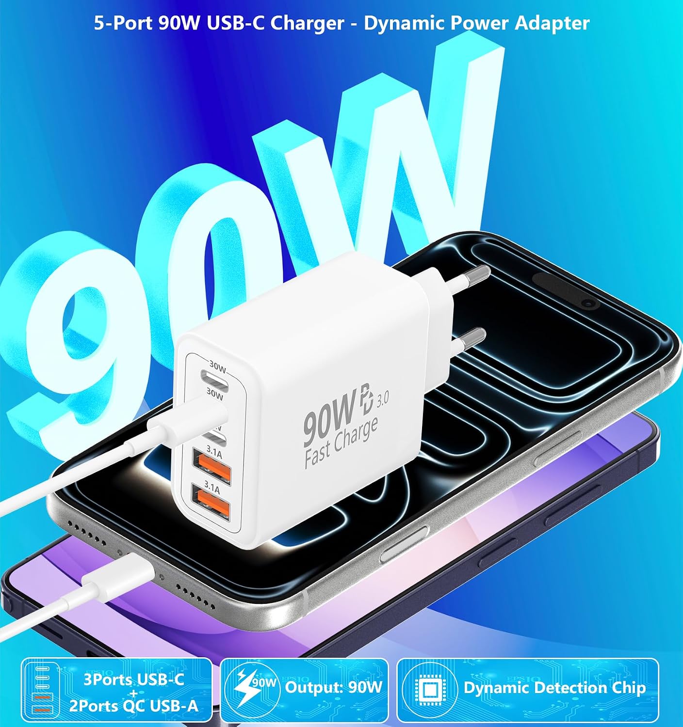 European Travel Plug Adapter USB C, KYOHAYA 90W 5-Port European Charger USB C Charger Type C Wall Fast Charging US to Europe Adapter for iPhone 17 16 15 14 13 12 11 Pro Max XS X, Galaxy, iPad, Android