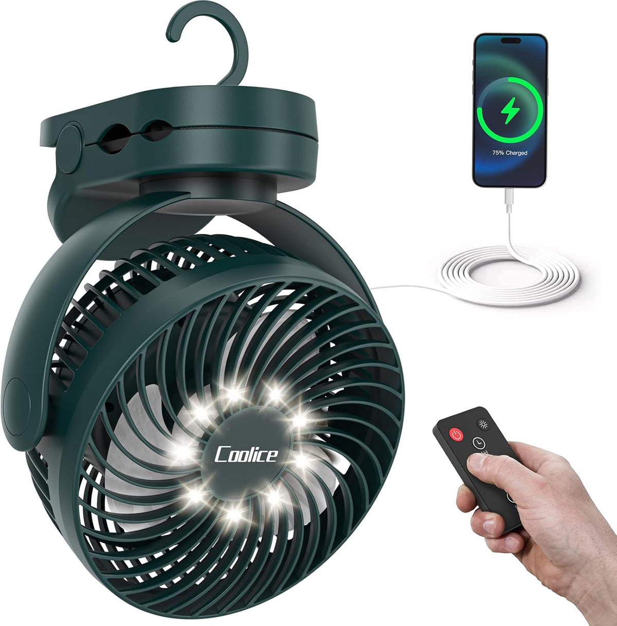 Camping Fan with Remote Control - 12000mAh Rechargeable Battery Powered Fan, Camping Fans for Tents with LED light & Hanging Hook, Rechargeable Battery Operated Ceiling Fans for Tent RV Bed, Blue