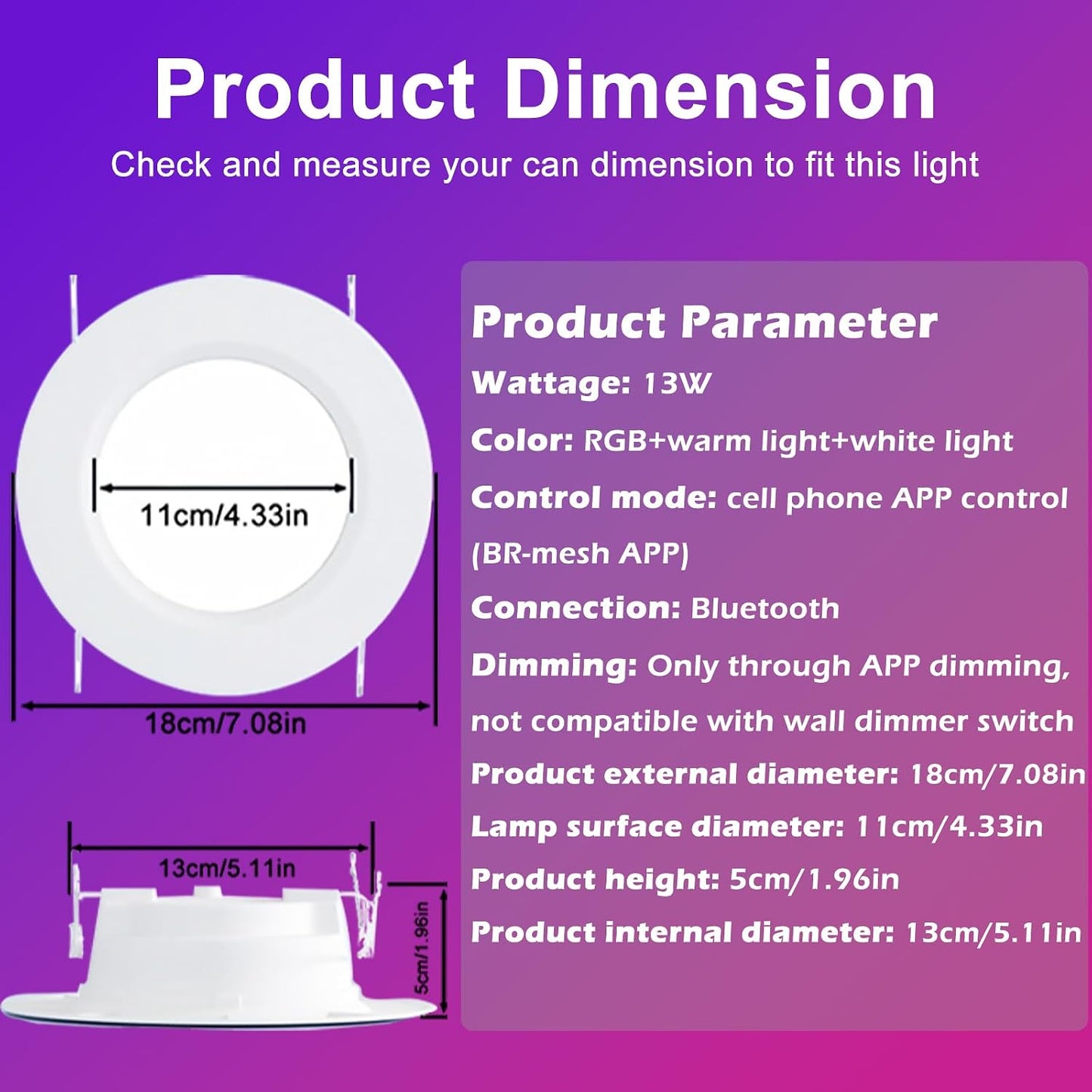 Color Changing LED Can Lights,12Pack Retrofit LED Recessed Lighting 5/6inch,13W 1050LM Smart Recessed Can Lights,Compatible with Alexa,Bluetooth APP Control,for Bedroom Kitchen Living Room