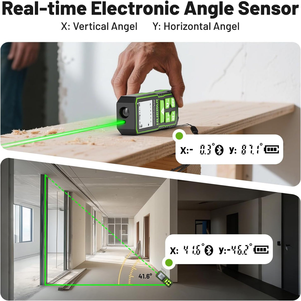Huepar Bluetooth Green Laser Measuring Tool 200FT, S60-G-BT | APP Control, Green Beam, ±1/16" High Accuracy, Rechargeable USB-C Laser Distance Meter, Angle Sensor, IP54, Gifts for Men