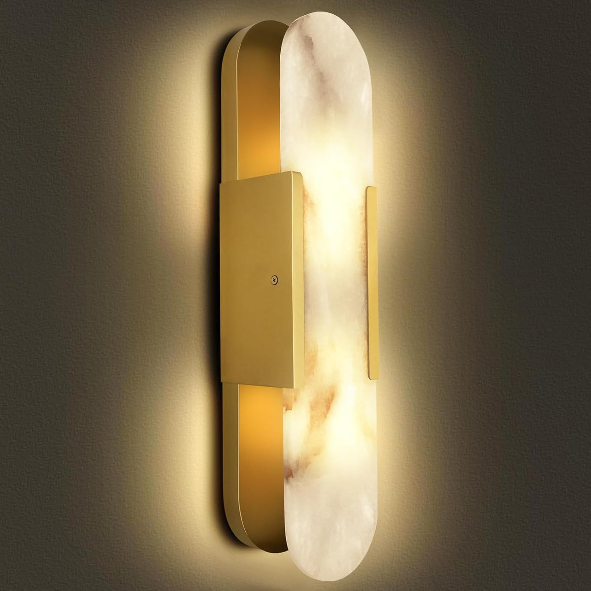 Set of 2, 19.7" Brass Alabaster Wall Sconces, Hardwired Indoor Lights, Natural Alabaster Stone Shade, Modern Oval Vanity Lighting for Bedroom, Bathroom, Hallway, Stairs