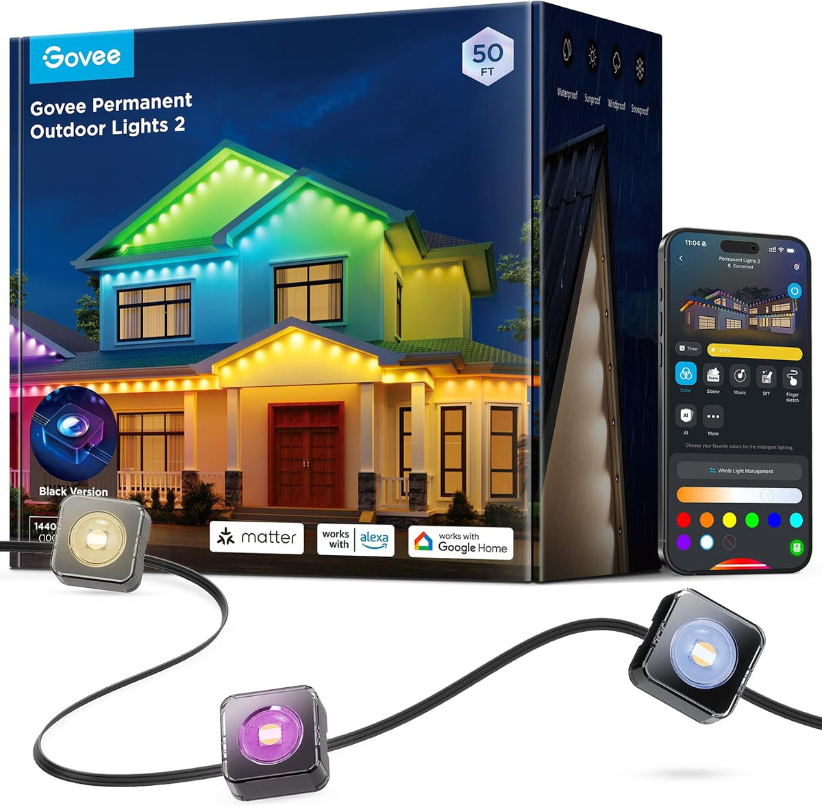 Govee Permanent Outdoor Lights 2, 100ft RGBIC Outdoor Lights with 16 Million Colors, IP67 Waterproof, 100 Scene Modes for Outdoor & Patio Area, Works with Alexa, Google Assistant, White