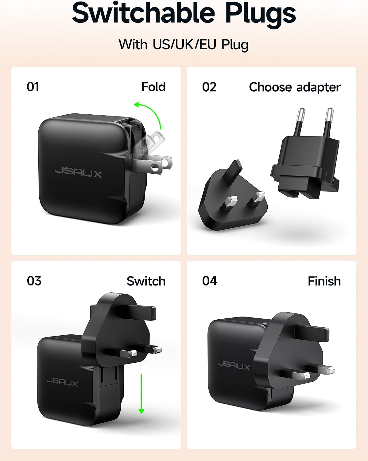 JSAUX 65W GaN USB C Charger for Switch 2, EU/UK Plug, 6.6FT Cable, Black | Powers in TV Mode, GaN PD Fast Charge for ROG Xbox Ally, Steam Deck, ROG Ally, iPhone 17, Galaxy, Tablet & Laptop