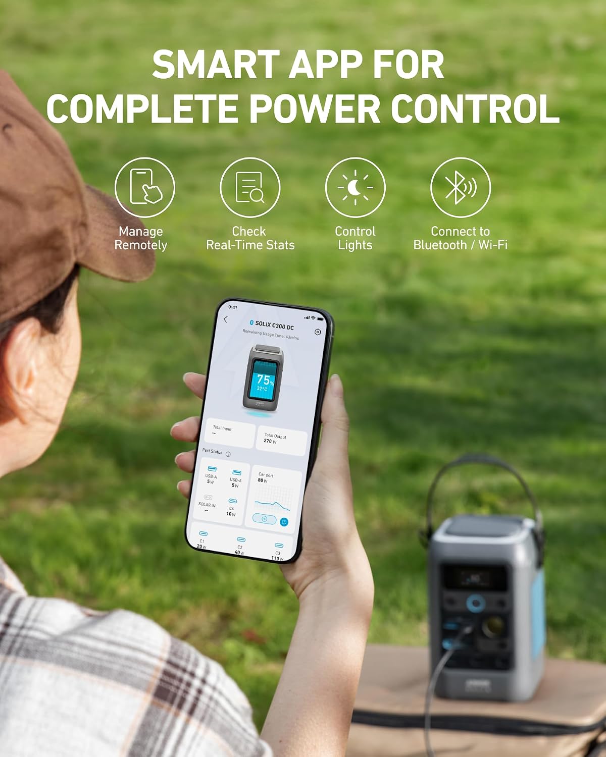 Anker SOLIX C300 DC Portable Power Station with Adjustable Strap,Outdoor 288Wh, Portable Power Station, LiFePO4 Battery, 300W Solar Generator, for Camping, Traveling, and Emergencies.