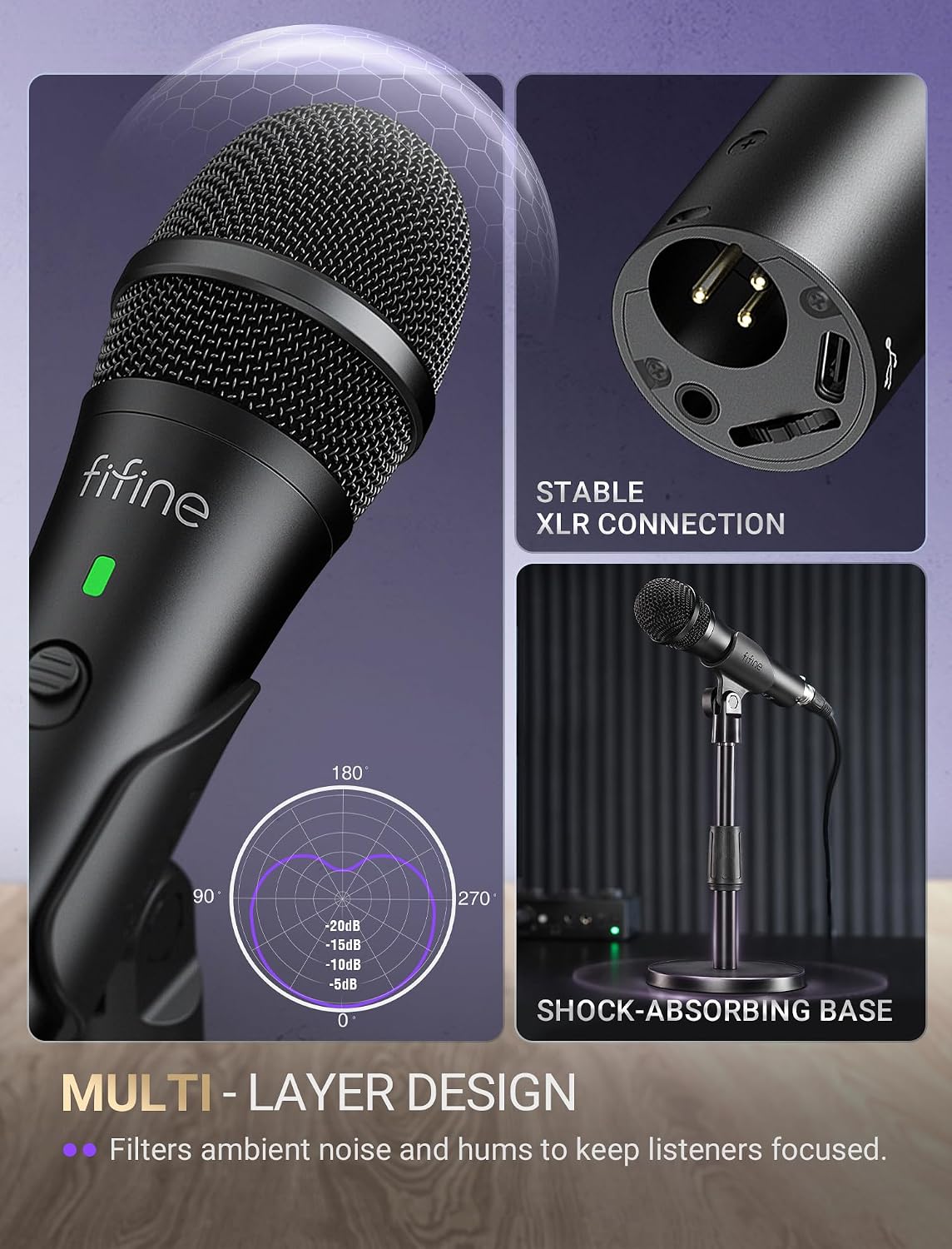 FIFINE AmpliTank TANK2 USB/XLR Dynamic Microphone for Podcast Recording | Studio Desktop Mic with Mute Button, Height-Adjustable Stand, Windscreen for Vocal, Streaming, Voice Over, Black