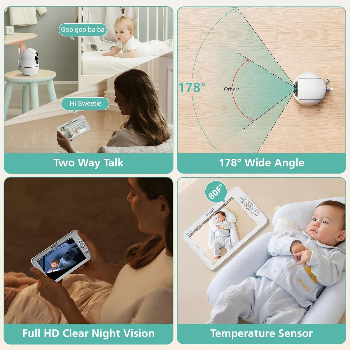 7" 1080P Full HD Dual Camera Baby Monitor 100-Hour Battery Pan-Tilt 355°/120° & 4X Zoom Night Vision & VOX 2-Way Talk & Lullabies Data Protection 2.4GHz Wi-Fi Only