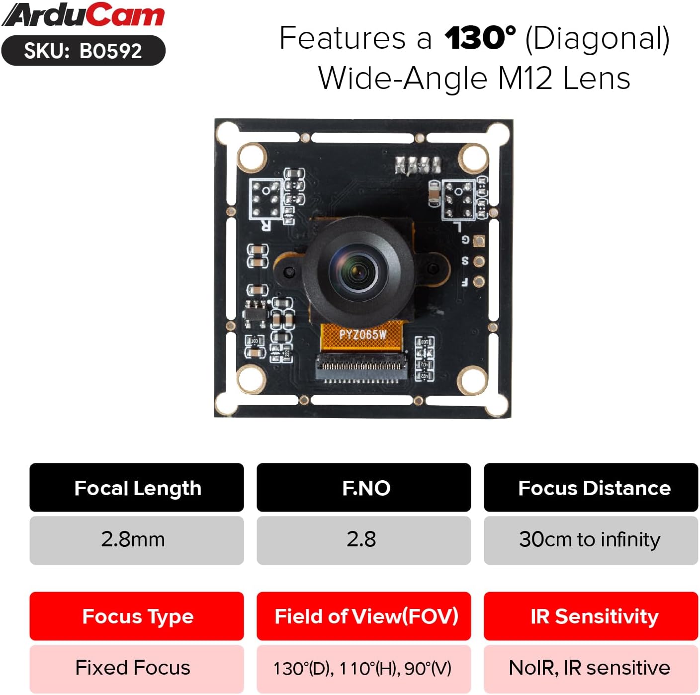 Arducam 120fps Monochrome Global Shutter USB Camera Module, 800P High Speed UVC Webcam with 130°D Wide Angle M12 Lens, for PC, Laptop, Android Devices & Raspberry Pi