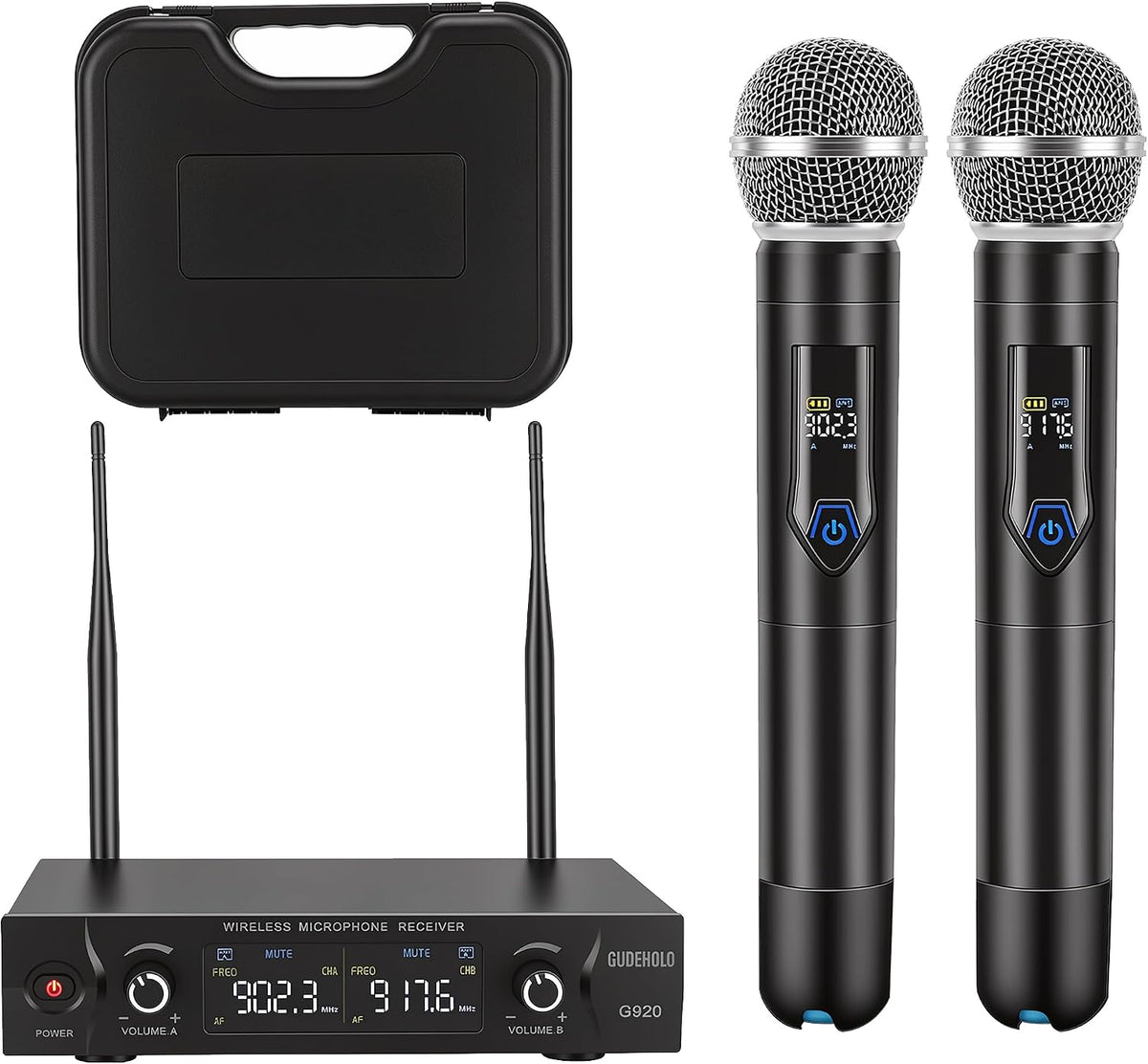 Wireless Microphone System with case, Metal UHF Dual Handheld 20 Channels Professional Cordless Mic System for Church, DJ, Karaoke,Wedding, Home KTV Set (Green)