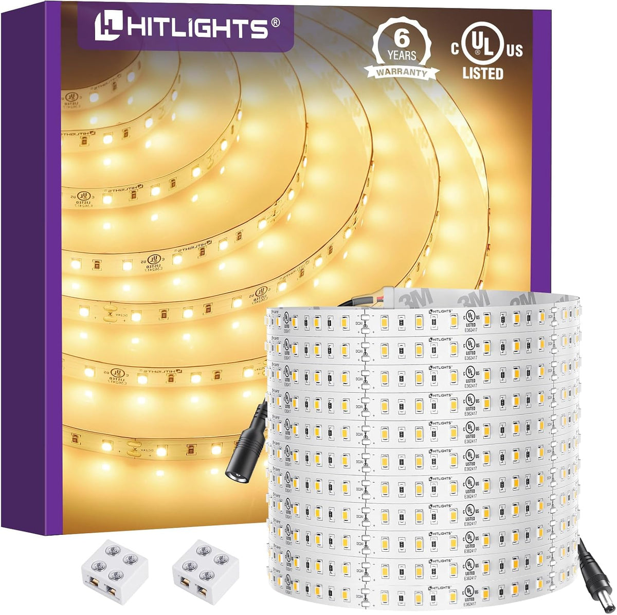 HitLights LED Strip Lights Warm White 2700K, Backed 3oz PCB, 24 26.2FT