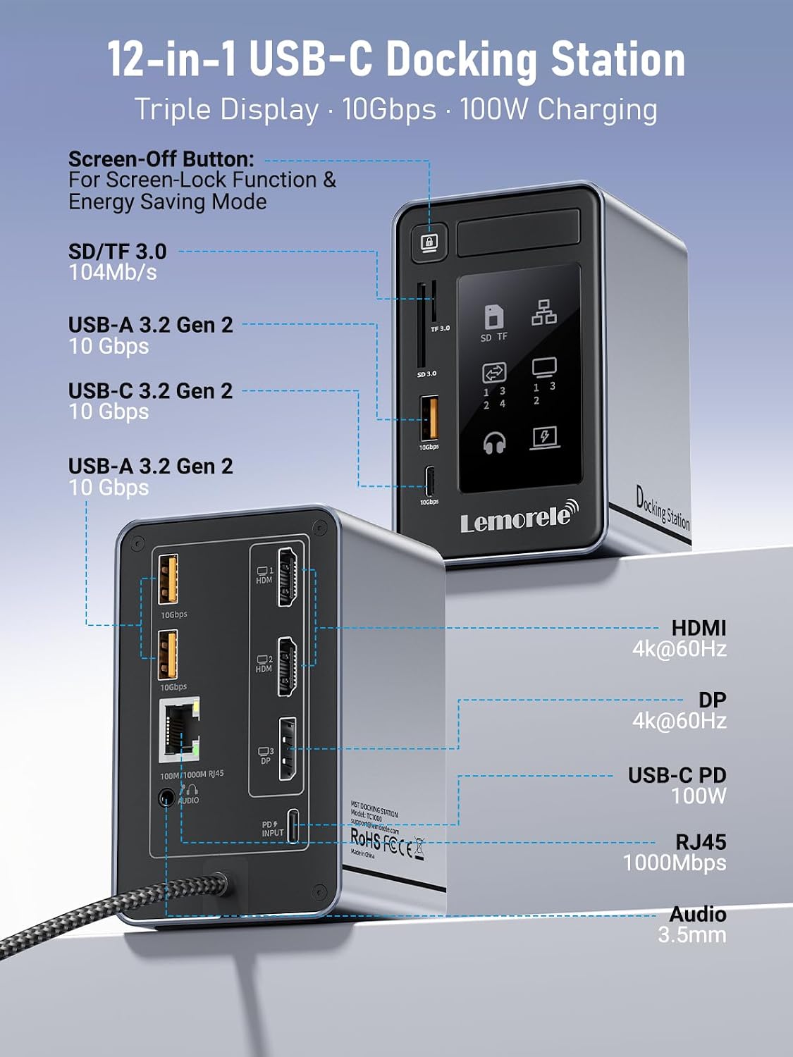 Lemorele Aluminum USB C Docking Station 2HDMI DP 4K 100W Gigabit LAN Hub