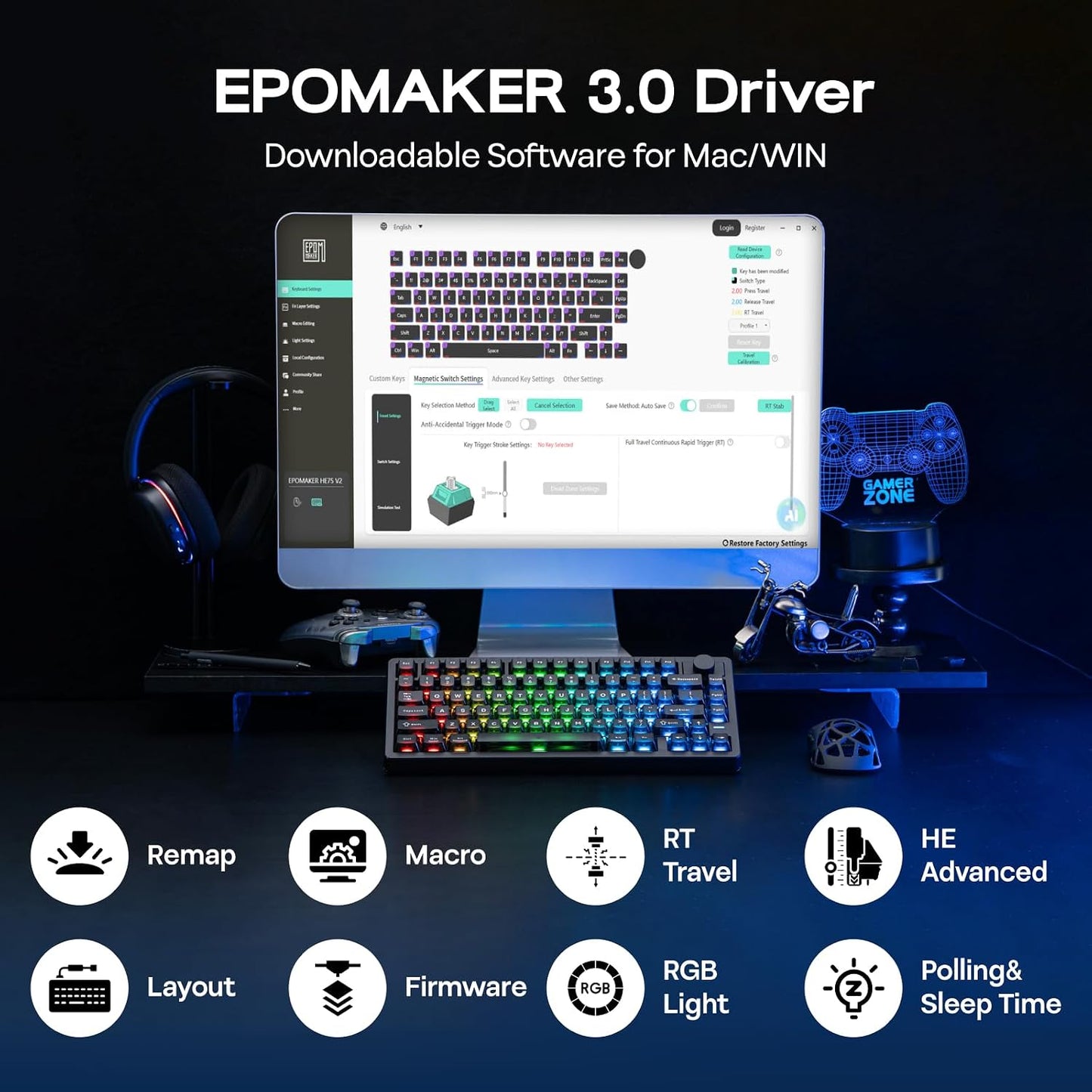 EPOMAKER HE75 V2 Hall Effect Gaming Keyboard, 8K Polling & 0.1ms, 8000mAh & 2.4Ghz/BT, Hot Swap Key & Knob, 0.005mm Adjustable Actuation, Rapid Triggering, Creamy & Thocky (Black)