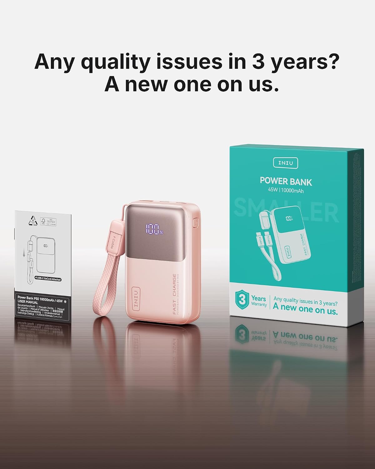 INIU Portable Charger, Ultra Mini 10000mAh 45W Fast Charging Power Bank | Flight-Safe, USB-C Cable, Travel Essential, 45W Battery Phone Pack for iPhone 17 16 Samsung S26 Google iPad etc, Light Pink