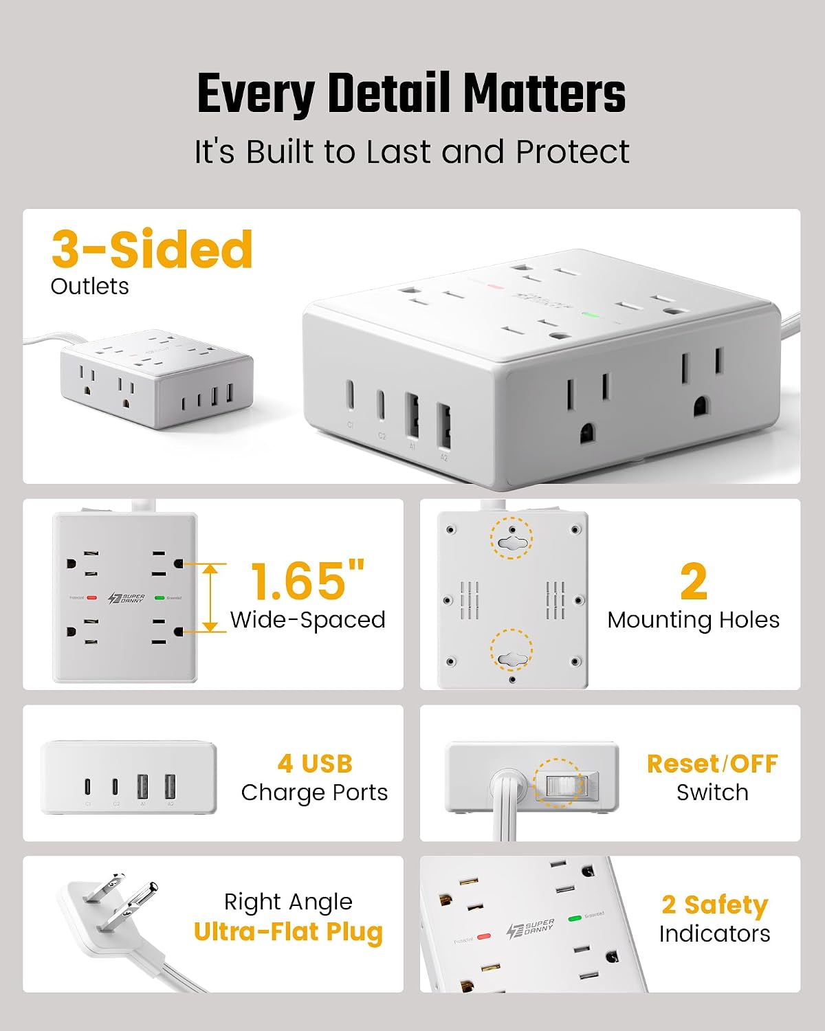SUPERDANNY Extension Cord,Flat Plug Surge Protector Power Strip,10Ft | 8 AC & 4 USB Ports (2 USB C),Surge Protector with 1050J,Desk Charging Station for Home Office,College Dorm Room Essentials