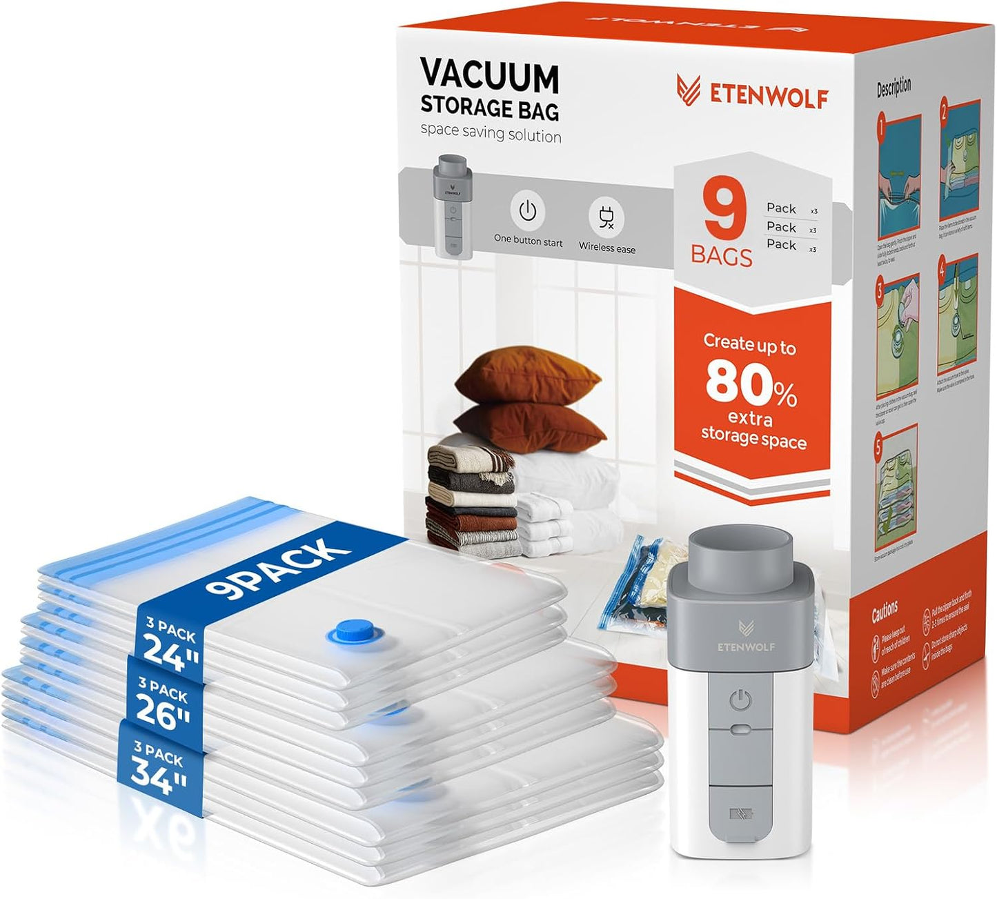 ETENWOLF 20 Combo Vacuum Storage Bags for Travel with Wireless Pump | Vacuum Seal Bags for Clothing Travel, Compression Packing Bags for Clothes and Blankets, Space Saver Bags in Carry-On Sizes