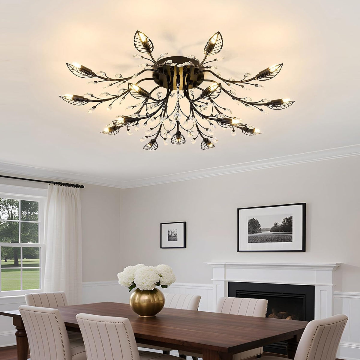 CVKASH 15 Light Vintage Small Crystal Chandelier Modern Branche Semi Flush Mount Ceiling Light Fixture Black Chandelier Lighting for Kitchen Bedroom Living Room Dining Room Hallway Foyer