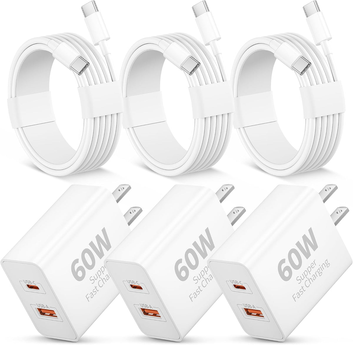 iPhone 17 16 15 Charger Fast Charging, 3 Pack 60W USB C Super Fast Charger | PD/QC Dual Port GaN Type C Charging Block, with 10FT Long USB-C Cable Cord, for iPhone 17 Pro Max/17/Air/16/15/Pro Max, iPad