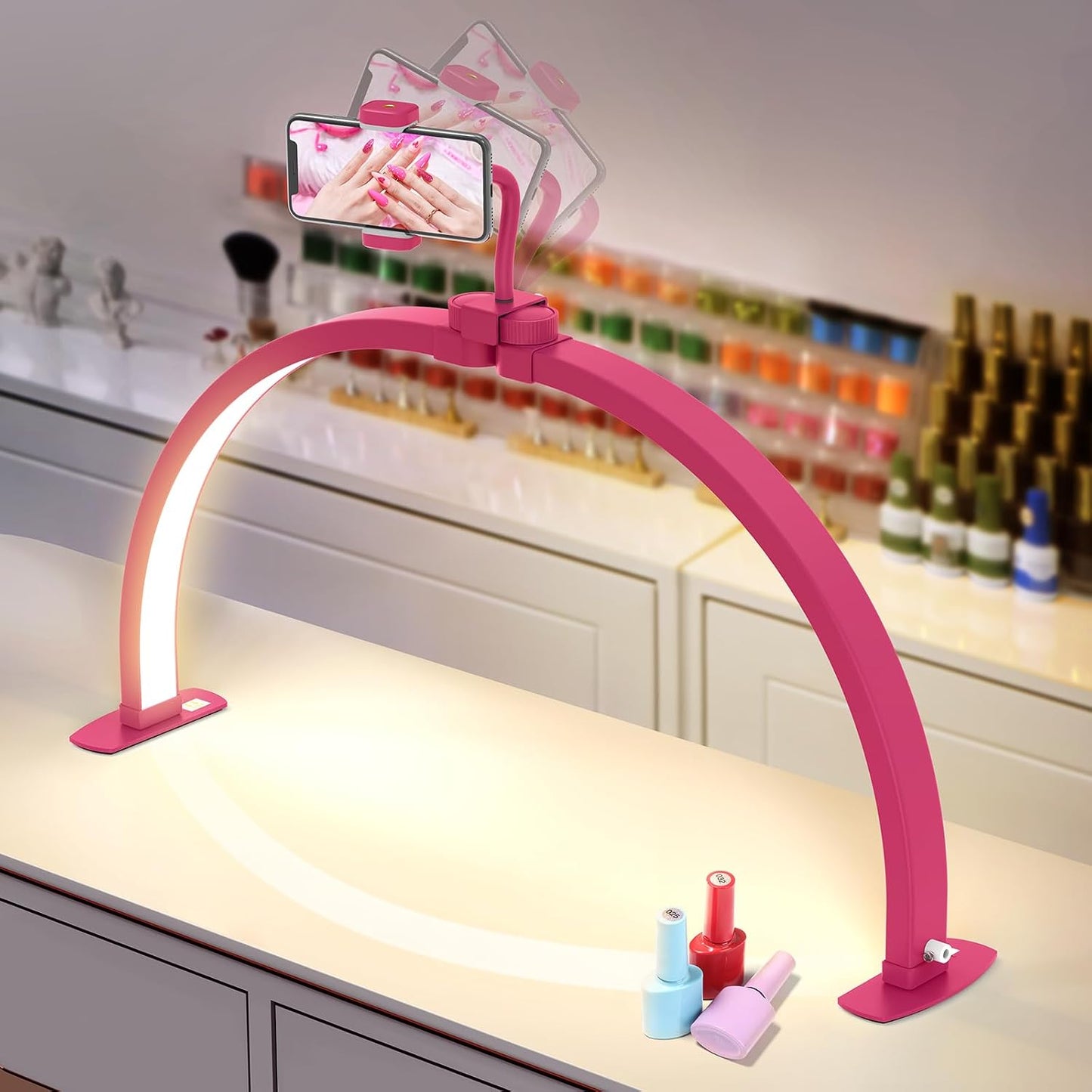 Yokilly Half Moon Light for Nail Desk: 29" Foldable Nail Light for Desk | Arch Nail Tech Light with Phone Holder for Beginner - 3 Color Modes & 10 Brightness for Manicure Salon-White