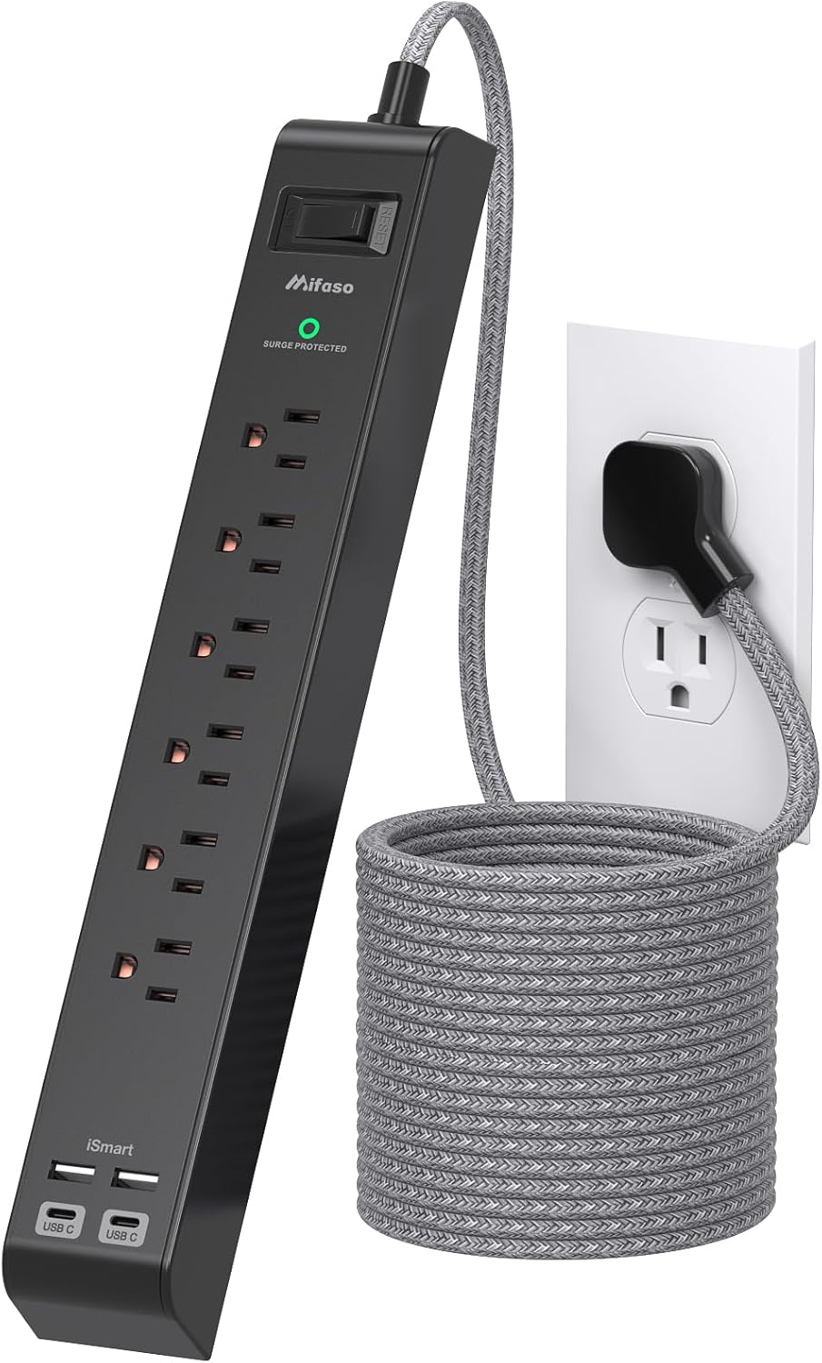 Mifaso Surge Protector Power Strip 10FT, Flat Plug, 6 AC & 4 USB (2 USB-C) | Desk Charging Station, Long Extension Cord with Multiple Outlets, Wall Mountable for Home, Office, Dorm Essentials, 1080J