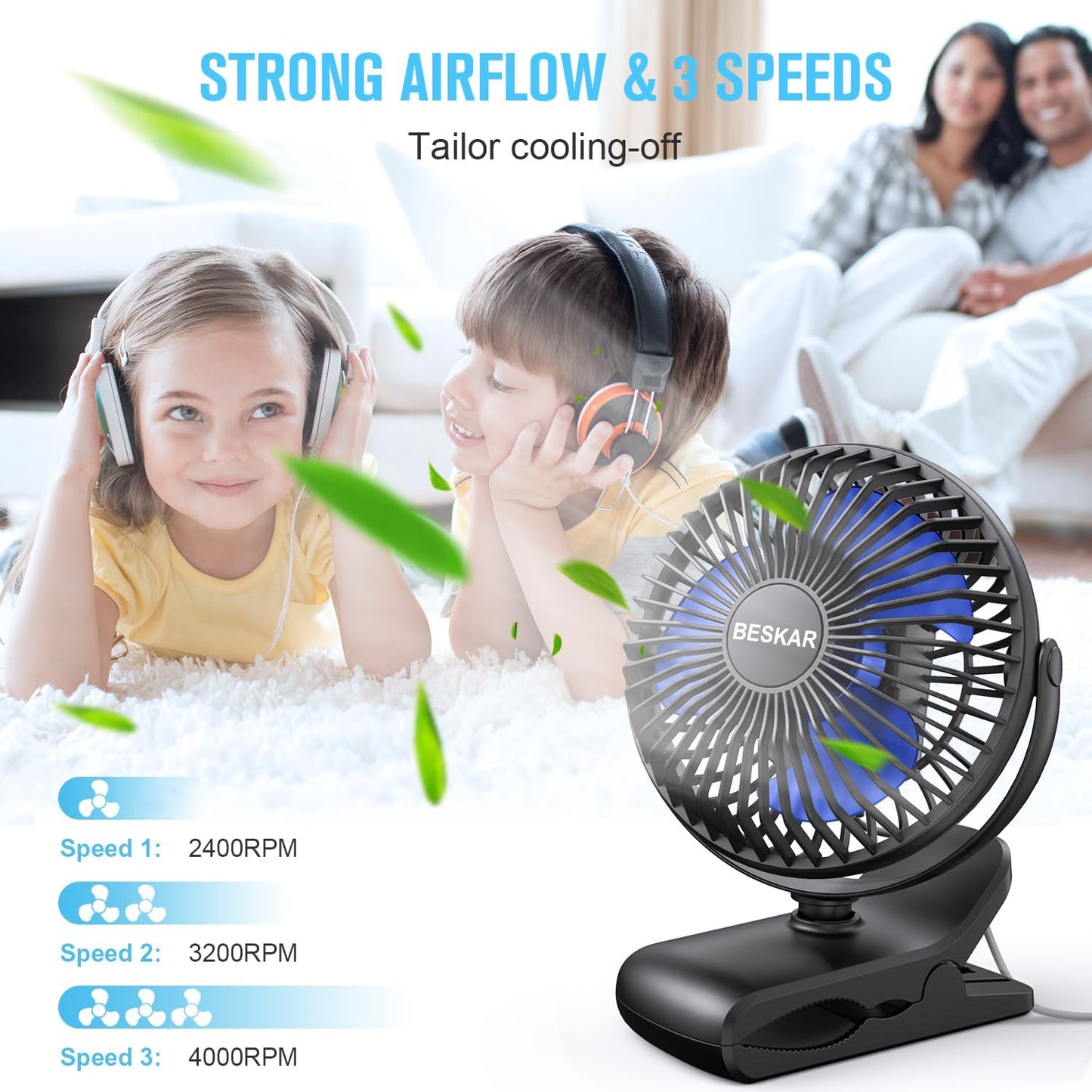 BESKAR USB Clip on Fan, Portable Small Desk Fan with Cord Powered | 3 Speeds Strong Airflow, Sturdy Clamp, Ultra Quiet Personal Cooling Fan for Office Dorm Bedroom Stroller