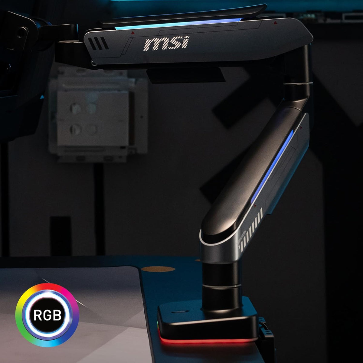 MSI MPG MT201R V2 - Premium RGB Single Monitor Stand Arm, Supports 17-49" Screens and 44 lbs, VESA Compatible, Adjustable Heavy Duty Gas Spring Mount, Clamp & Grommet, Quick Release Plate - Gray