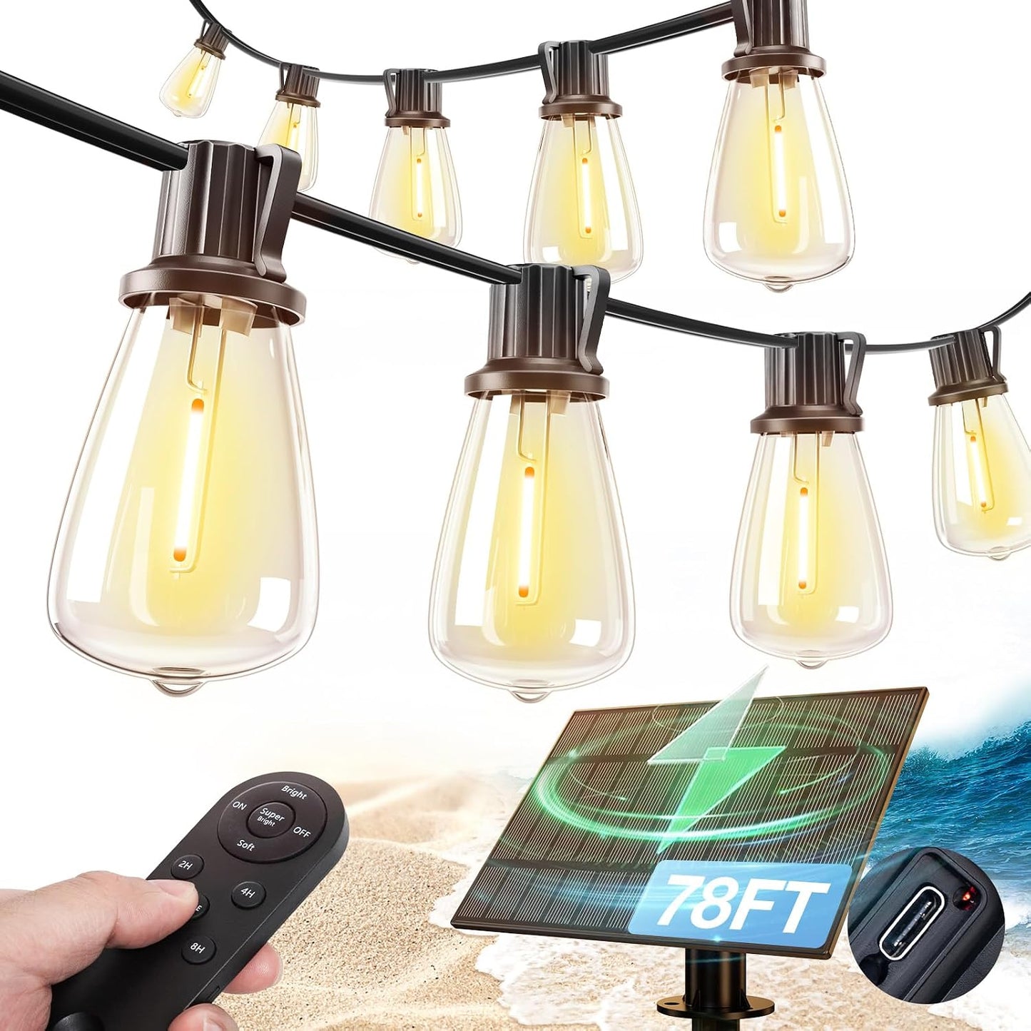 addlon 35FT Solar String Lights Outdoor Waterproof with Remote & USB Port | 10+1 LED Shatterproof Bulbs, Dimmable Solar Light Outdoor for Camping Backyard Bistro Porch