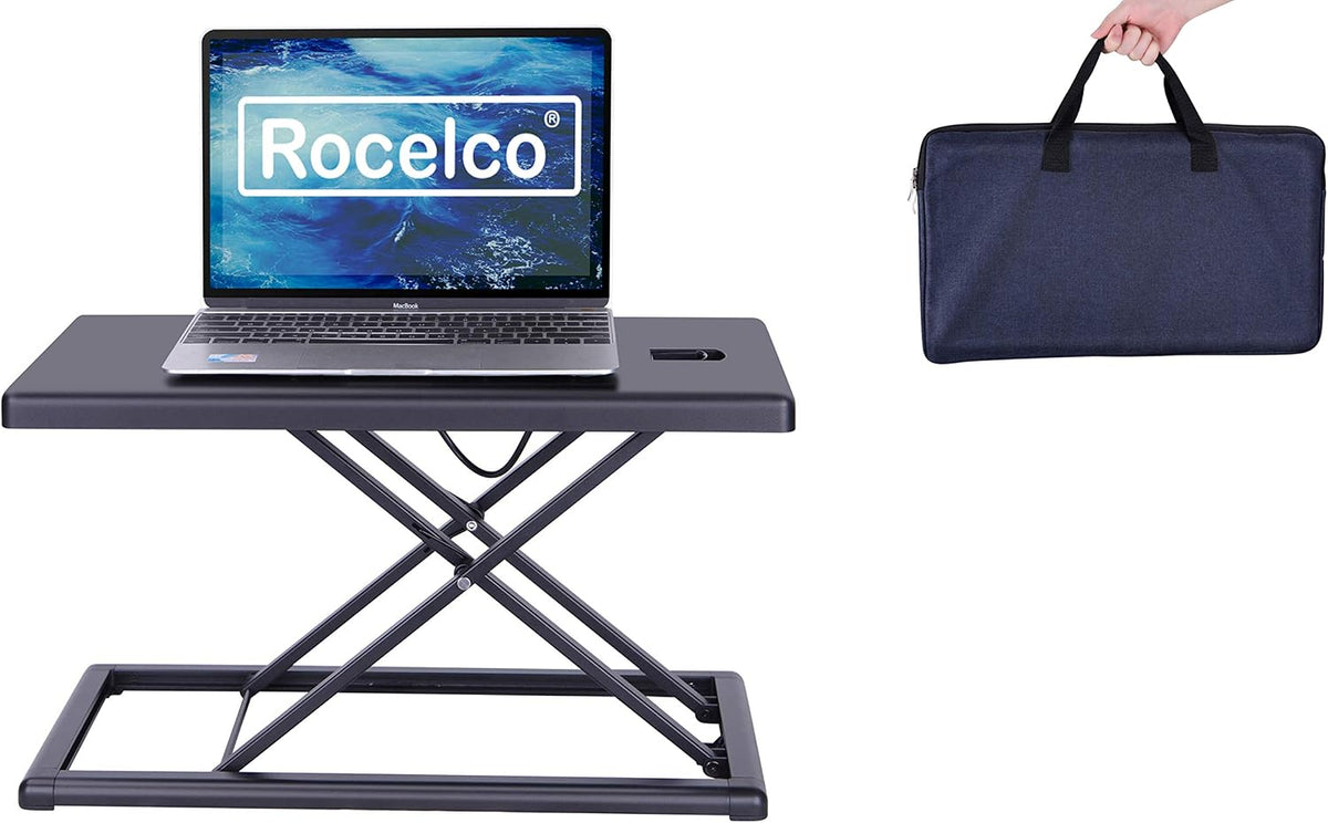 Rocelco 37.4" Electric Standing Desk Converter with Anti-Fatigue Floor Mat - AC USB Charger - Motorized Adjustable Sit Stand Up Computer Workstation Riser - Large Keyboard Tray - Black (R EDRB-MAFM)