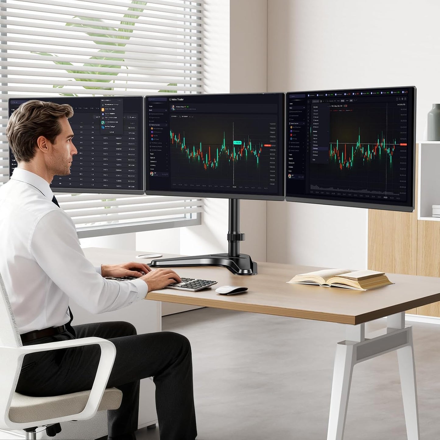Triple Monitor Stand, Full Motion Arm Fits up to 27 inch | Free standing, Cable Management, 22 lbs Weight Capacity per Arm, 75/100 mm VESA, Black