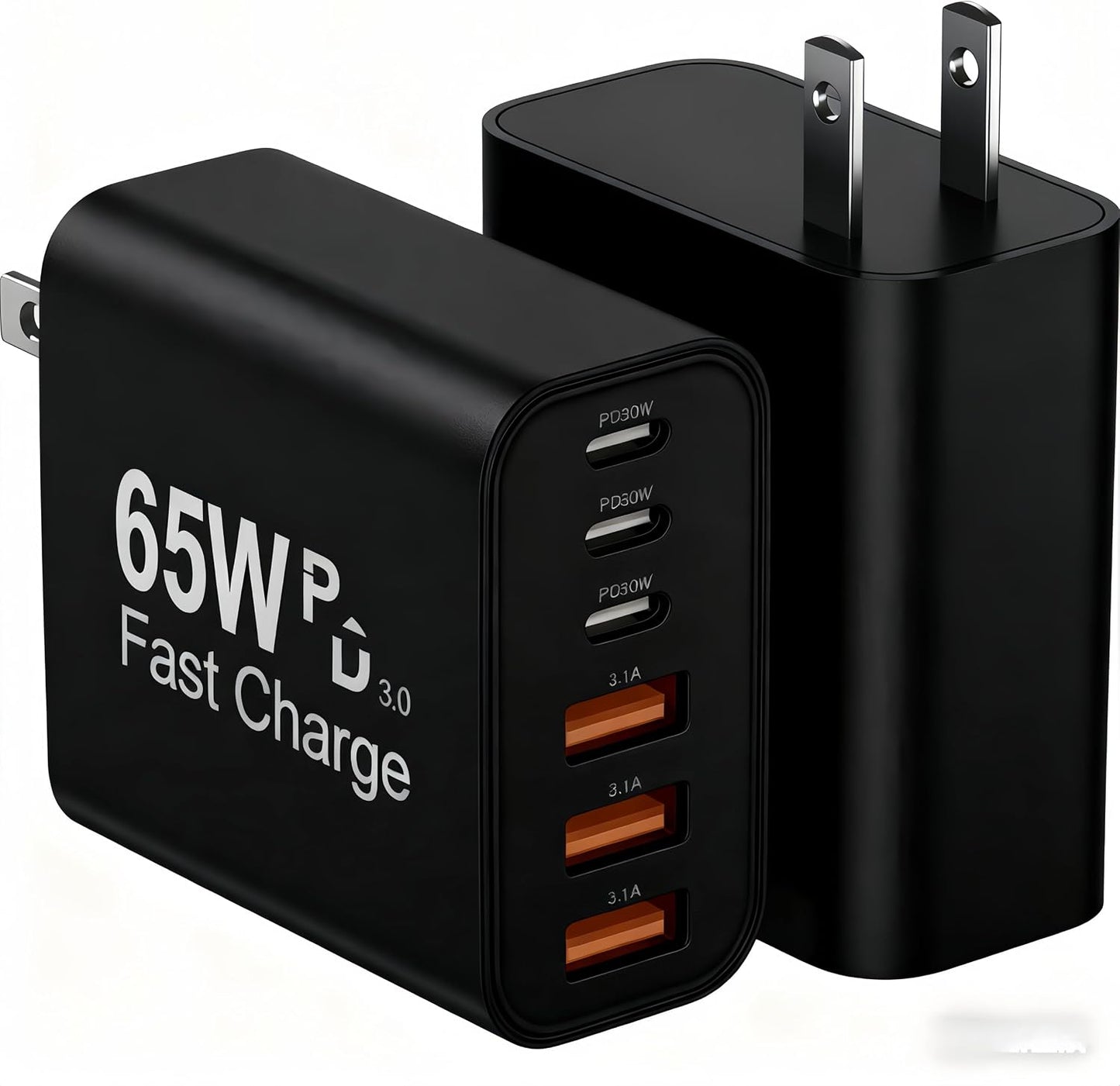 USB C Charger Block, 65W 6-Port Fast Charging Blocks 2-Pack | GaN USB C Wall Charger Plug for Multiple Devices, for iPhone 17/16/15/Pro Max, iPad, Galaxy S25
