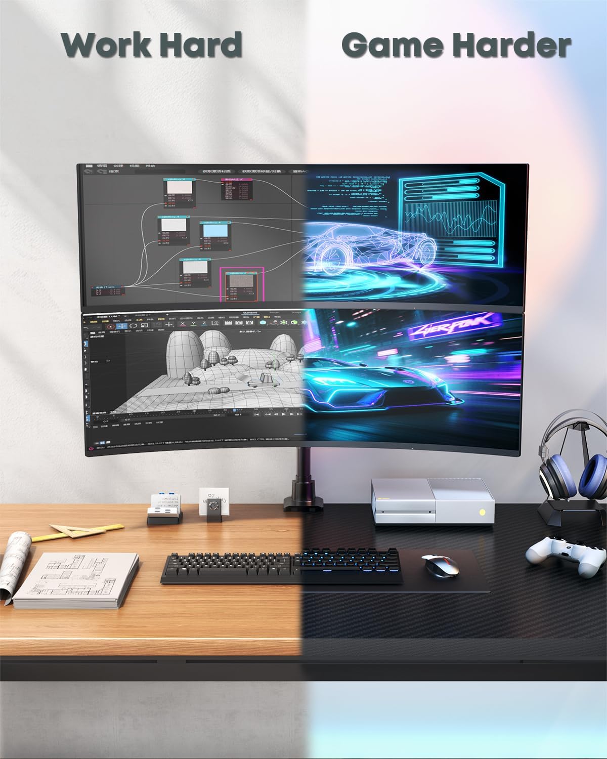 Dual Ultrawide Monitor Mount for 24-57'' Screens, Max Load 59.4 lbs per Arm | Vertically Stacked, Heavy Duty, Aluminum, Fully Adjustable, Topside Clamp/Grommet Mounting, VESA 75/100 mm, Black
