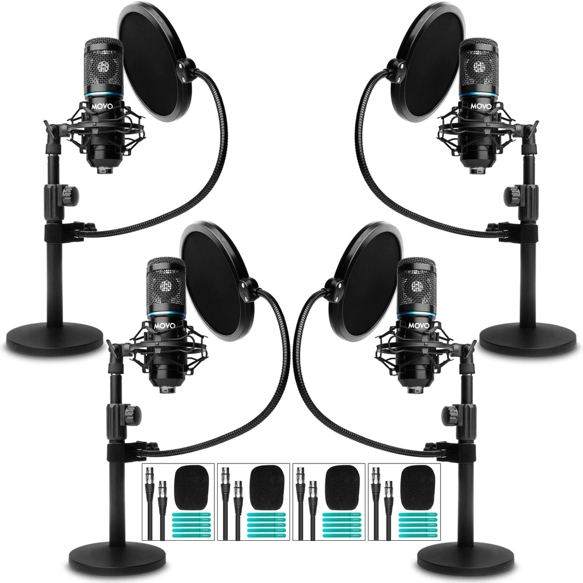 Movo PodPak2T 2-Pack Universal XLR Condenser Microphone Podcasting Equipment Bundle for 2 - Includes 2 Cardioid Mics, Desktop Stands, Shock Mounts, Pop Filters and Cables - Podcast and YouTube Kit