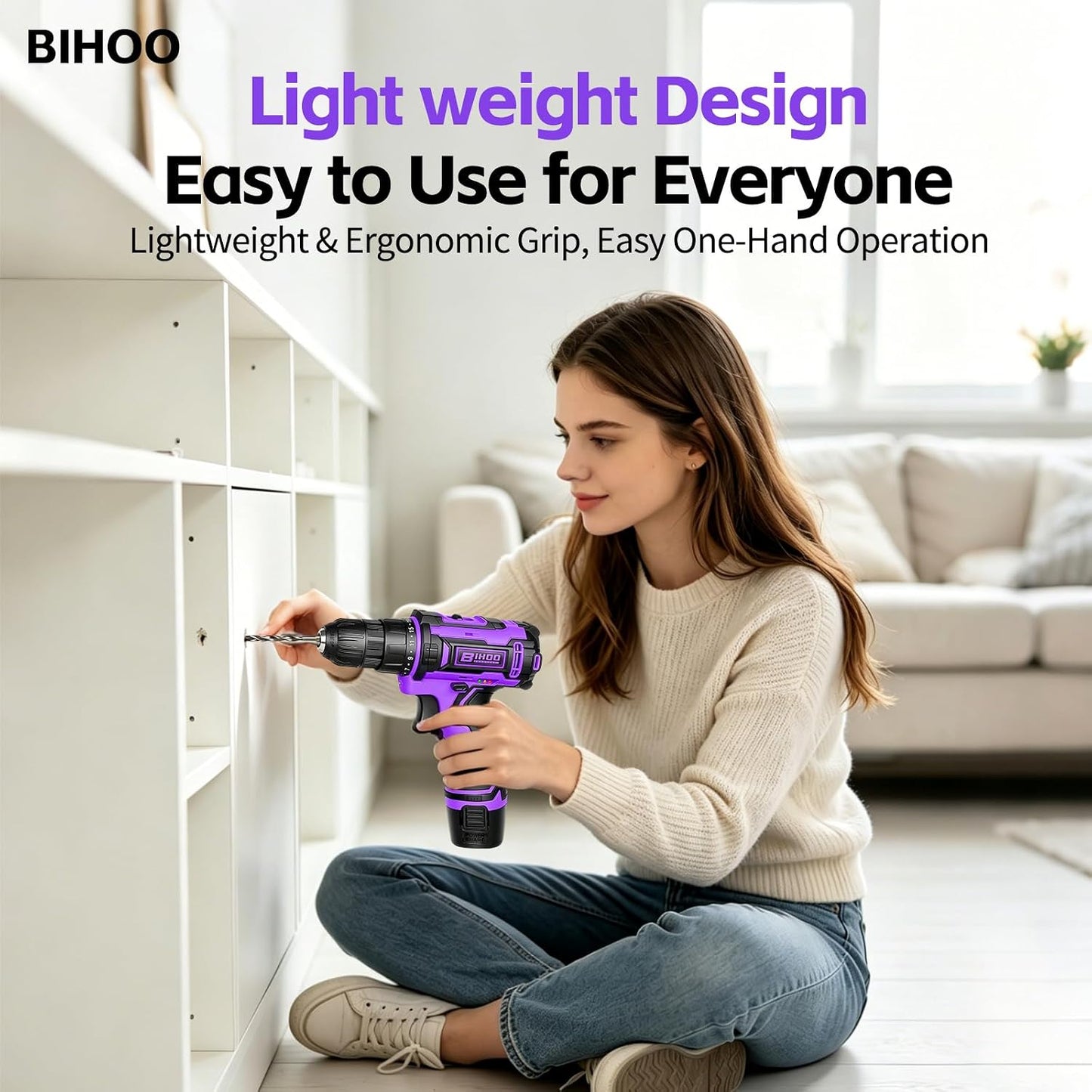 Purple 12V Cordless Drill with 3/8" Keyless Chuck for Gift for Men Women | 25+1 Torque Settings, 25Nm, 43Pcs Drill Bit Set, 0-1600 RPM Dual Speed, 2000mAh Li-ion, LED Light, Electric Screwdriver