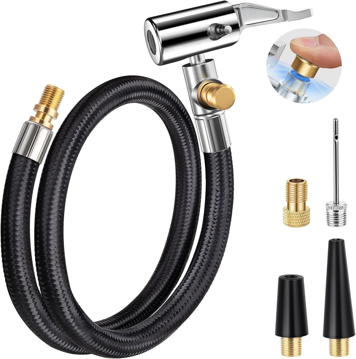 LUMITECO 33'' Air Release Extension Hose, 7-Pack Tire Inflator Replacement Hose w/Presta Valve Adaptor&Ball Pump Needle Kit, Tire Valve Air Chuck Lock for Bike Pump Portable Air Compressor Attachments