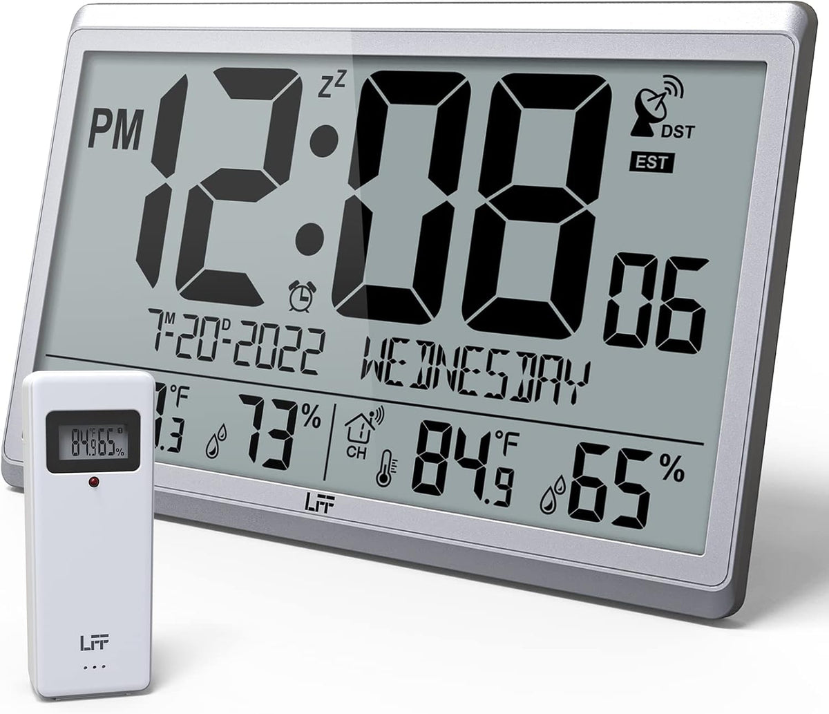 LFF Atomic Clock/Never Needs Setting, Battery Operated, Atomic Wall Clock with Indoor/Outdoor Temperature & Humidity, Wireless Outdoor Sensor, 15" Digital Wall Clock with 4.5" Numbers Easy-to-Read