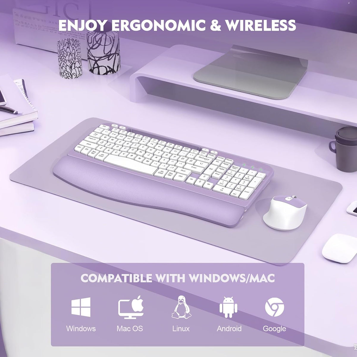 Wireless Keyboard and Mouse Combo, Full-Sized Ergonomic Wave Keys Keyboard with Memory Foam Wrist Rest & Phone Holder, 2.4G Quiet Keyboard Mouse Work Setup for PC Laptop, Office or Home (Purple)