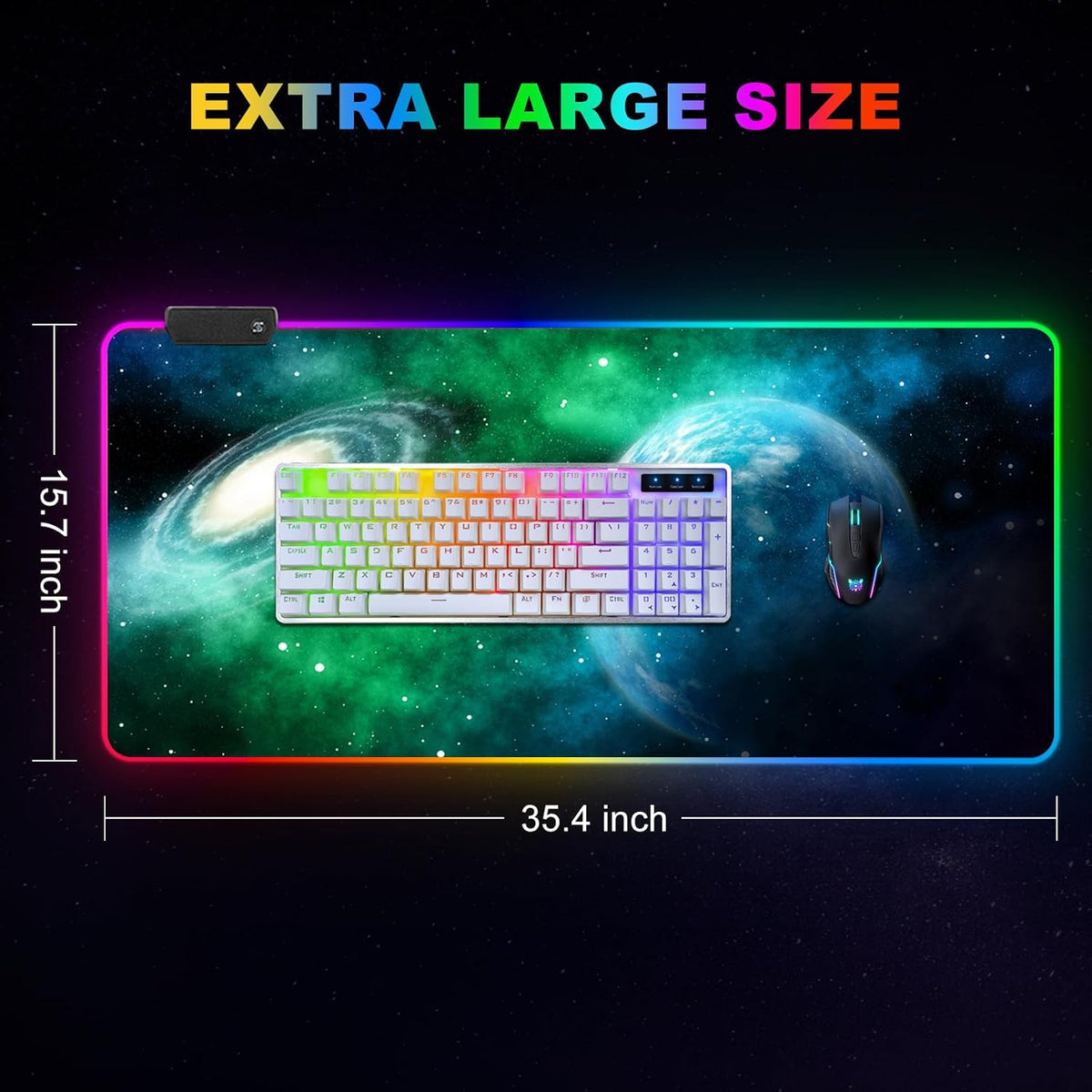 ARTSO Large RGB Gaming Mouse Pad, Led Big Mouse mat with 14 Light Modes, Extended Soft Computer Keyboard Mat Non-Slip Rubber Base, Green Planet Nebula