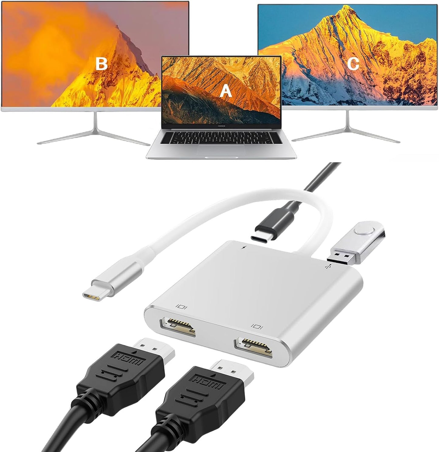 USB C to Dual HDTV Adapter, Fophmo 4K@60Hz HDTV Splitter Extend Display for Dual Monitors, macOS Only Allows Mirror Mode, Windows Allows Multi-Monitor Display 3 Separate Screens for 100W PD,USB-A Port