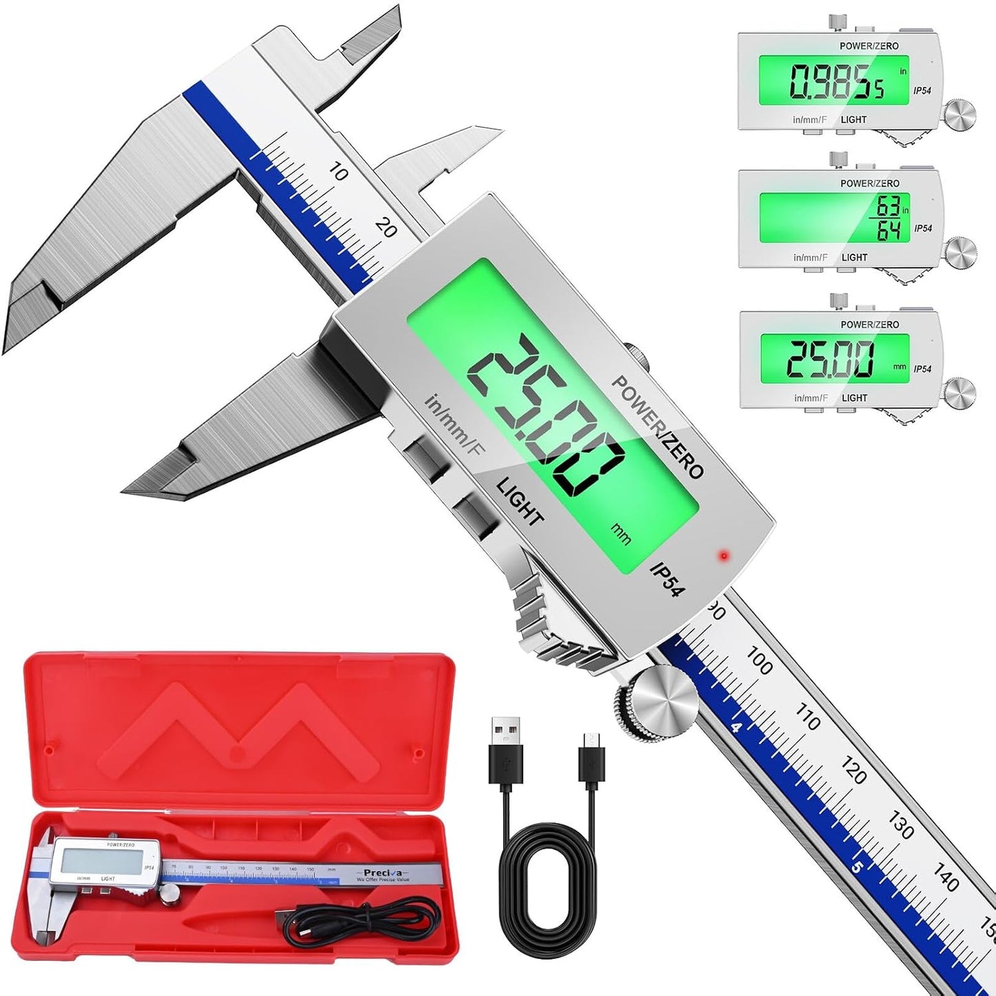 Rechargeable Digital Caliper 6 Inch, High-Precision Stainless Steel Vernier Caliper with Backlight, Support MM/in/F, Type-C Charging, LCD Screen Measuring Tool
