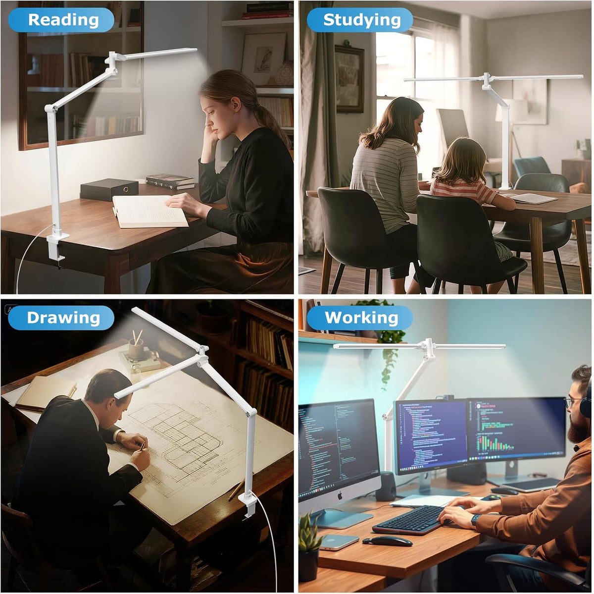 Airlonv LED Desk Lamp, Double Swing Arm Wide Lighting Area Desk Lamps for Home Office with Stepless Dimming, Eye-Caring Architect Desk Light with Clamp for Reading, Study, Workbench, Drafting(White)