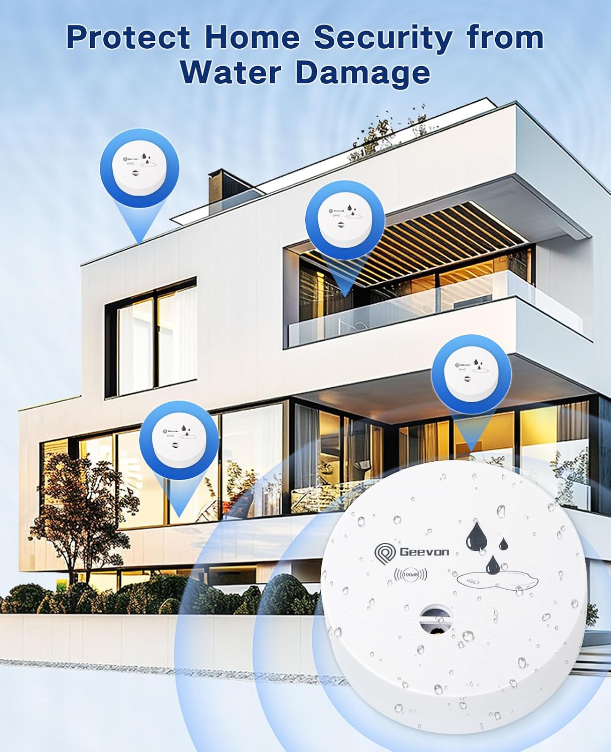 Geevon 2 Pack Water Leak Detectors,100dB Sensor Alarms for Home | Flood Leak Detectors for Basement,Bathroom,Laundry Room,Sink,Garage,Wine Cellar,RV and Window,Water Alarms with Batteries