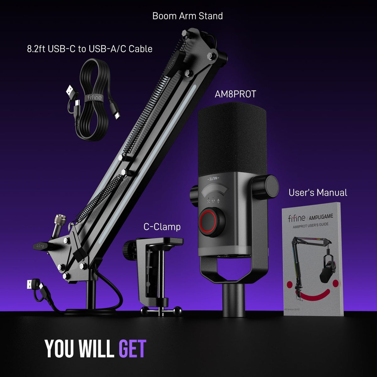FIFINE AmpliGame AM8PROT Gaming Microphone Kit, XLR/USB Dynamic PC Mic | Streaming Mic Set with Boom Arm, RGB, Tap-to-Mute, Mix Control, Headphone Jack, Volume Knob for Podcast Recording