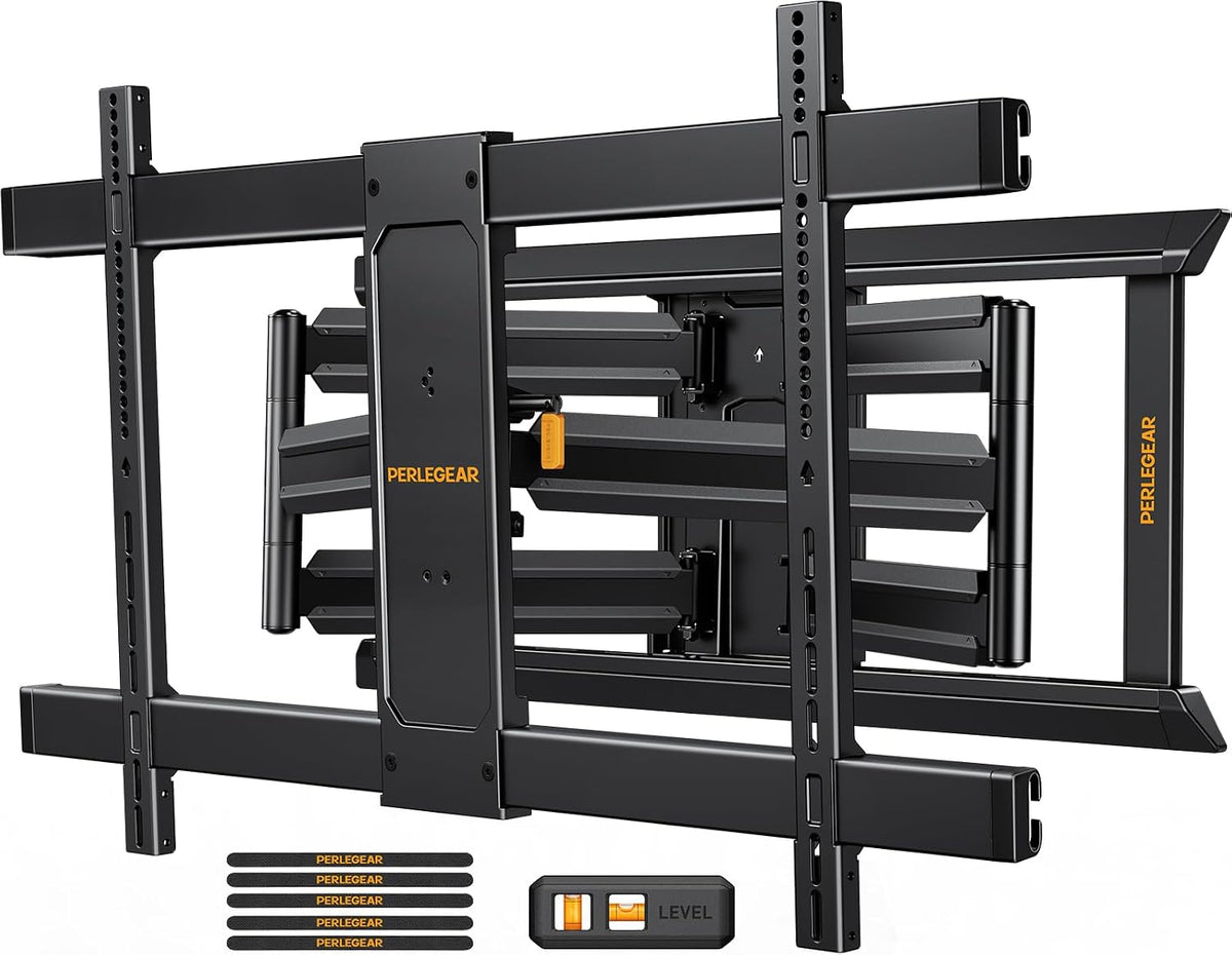 Perlegear TV Wall Mount for 55-65 75 85 90 98 100 120 Inch TVs, Heavy Duty TV Mount Fits 24″/18″/16″Wood Studs, Preassembled Full Motion TV Mount up to 225lbs, Max VESA 900x600mm, PGXLF03B
