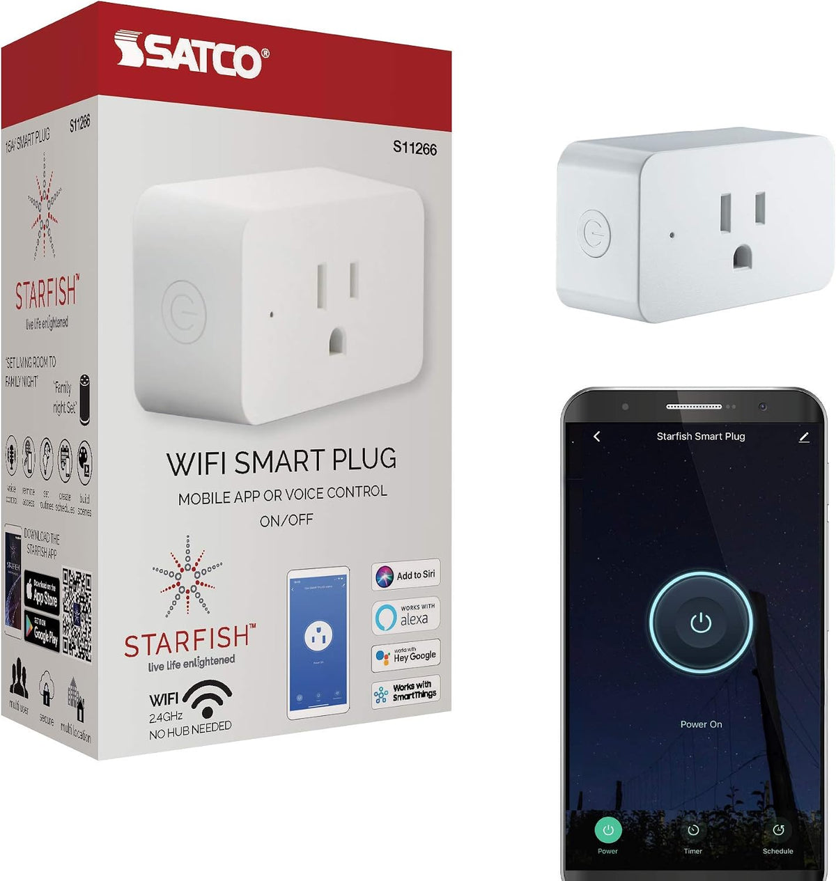 Satco S11269 Starfish 2-Inch Mini-Square On/Off WiFi Smart Plug Outlet, Works with Siri, Alexa, Google Assistant, SmartThings, White, 2 Pack