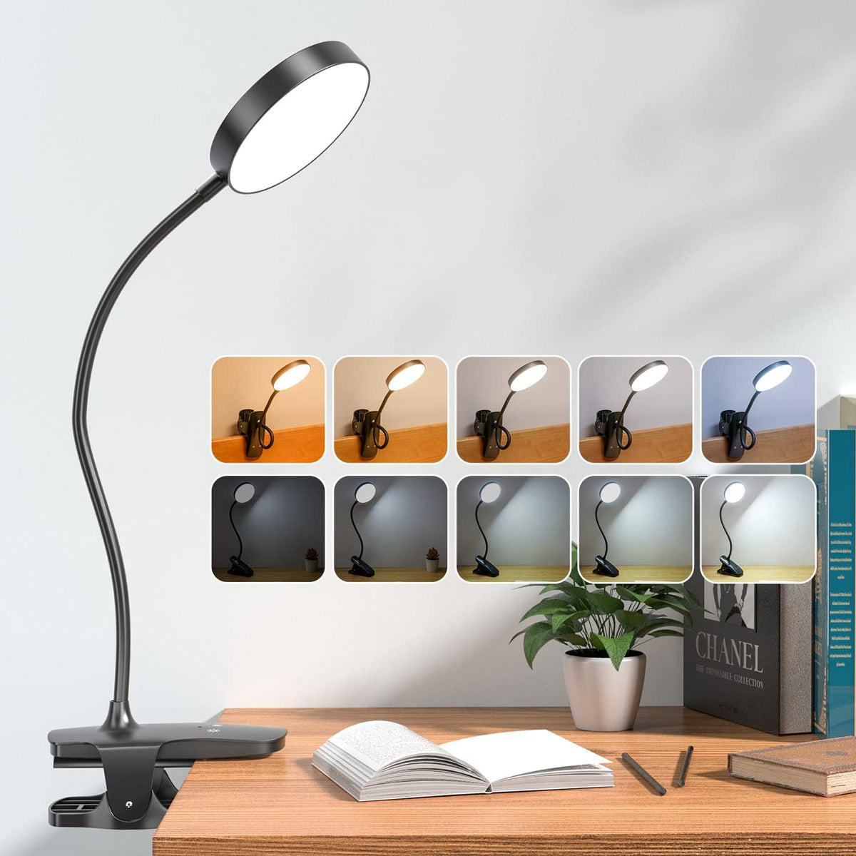 Mubarek Desk Light,3600mAh Battery Operated Light,5 Brightness+5 Color Clip on Reading Lamp,400LM 36 LED Desk Lamp with Clamp,Rechargeable Lamps Cordless Lamps, Reading Lights for Books in Bed,Table